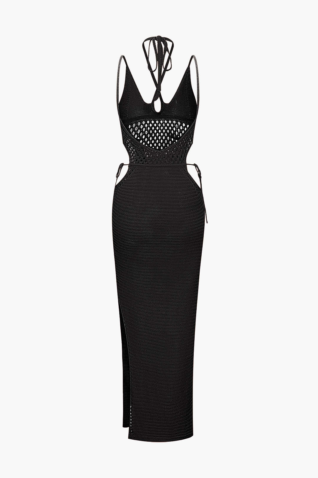 Kenar Kesimi Açık Örgü Sırt Dekolteli Halter Maxi Elbise