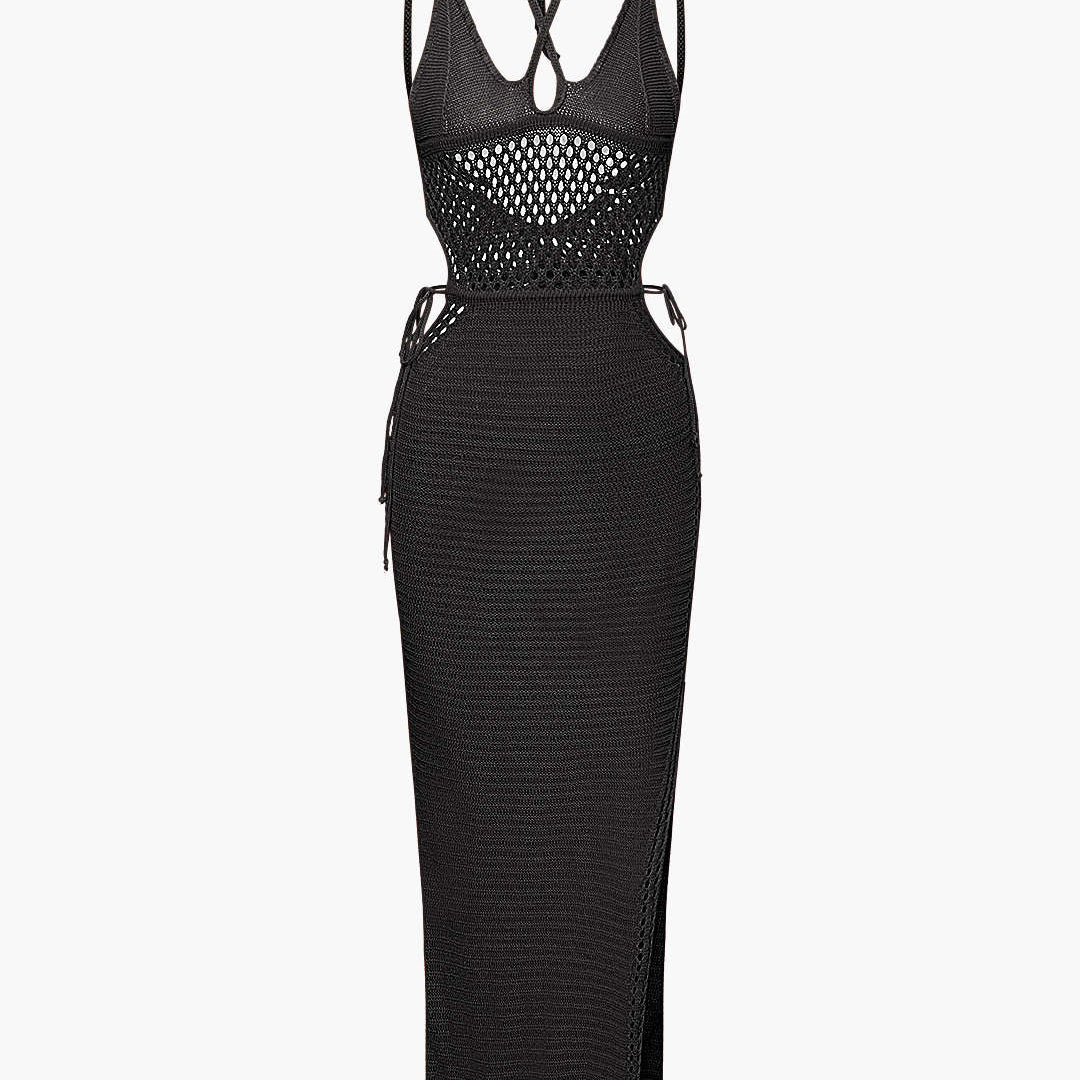 Kenar Kesimi Açık Örgü Sırt Dekolteli Halter Maxi Elbise