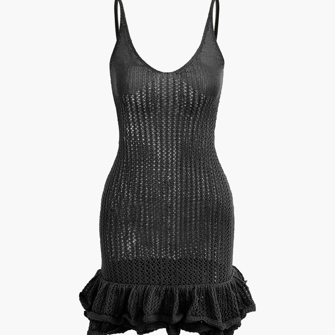 Açık Dikiş Ruffle Kenar Mini Elbise