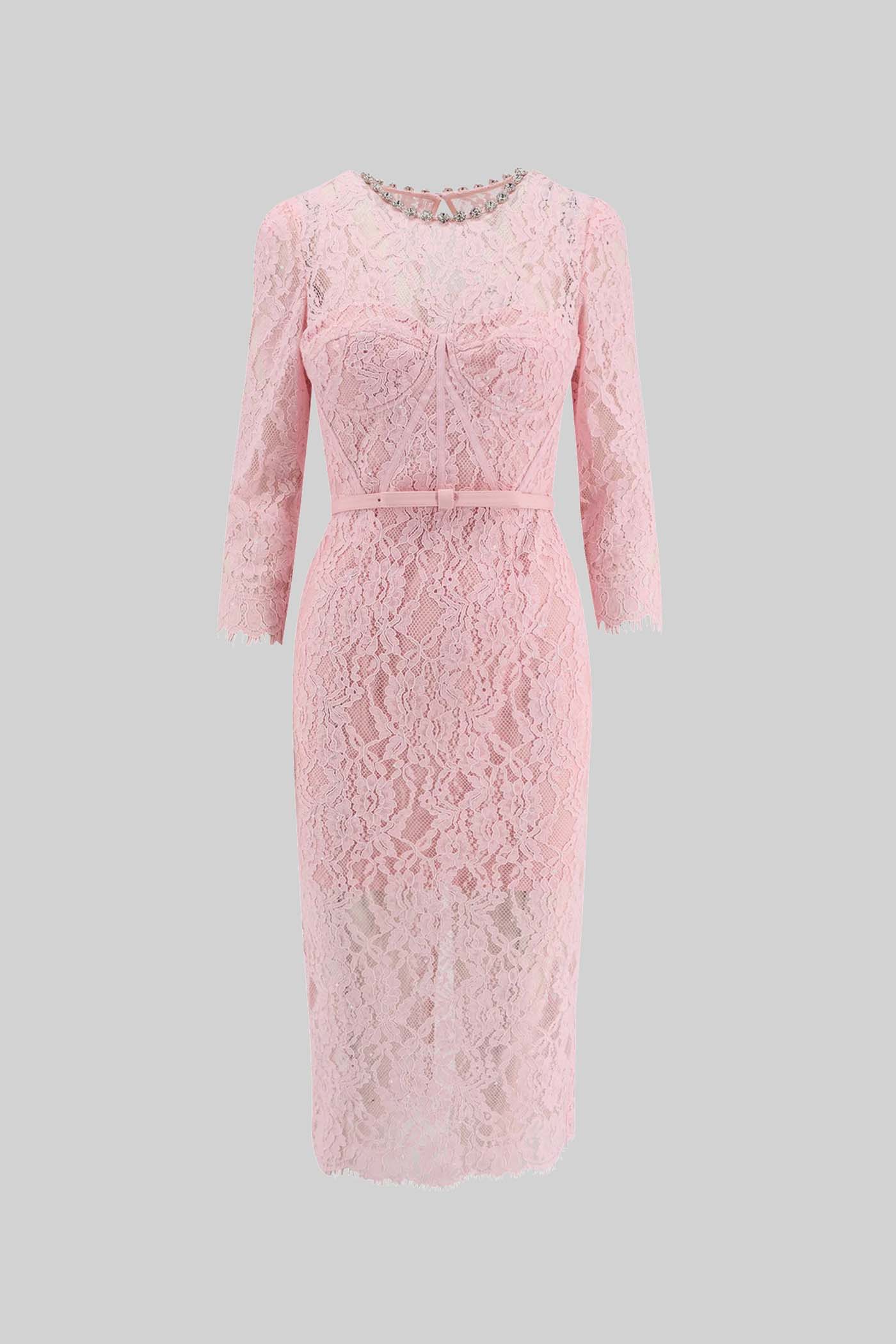 Pembe Uzun Kollu Dantel Elbise