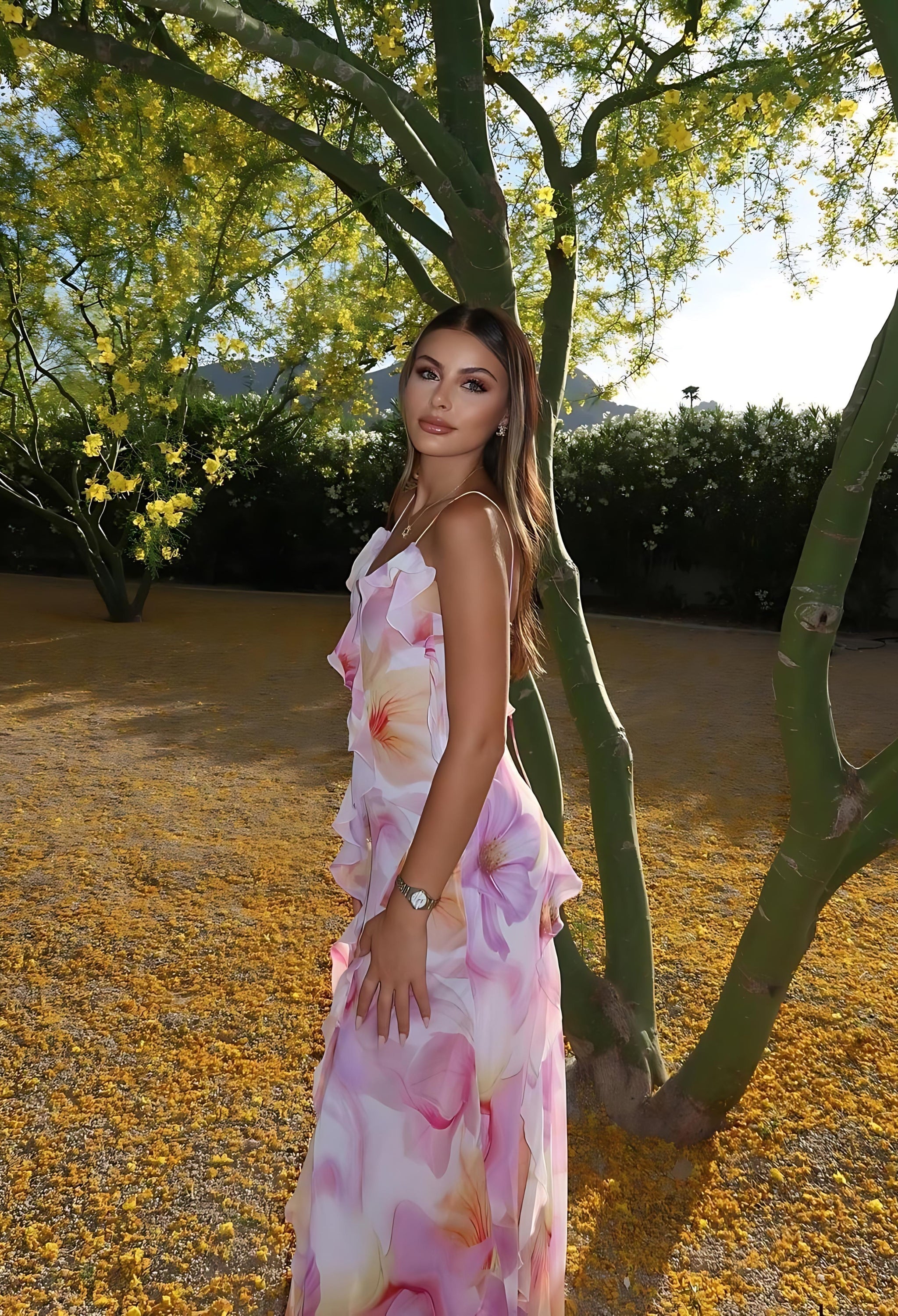Nylah | Çiçekli Volanlı Maxi Elbise