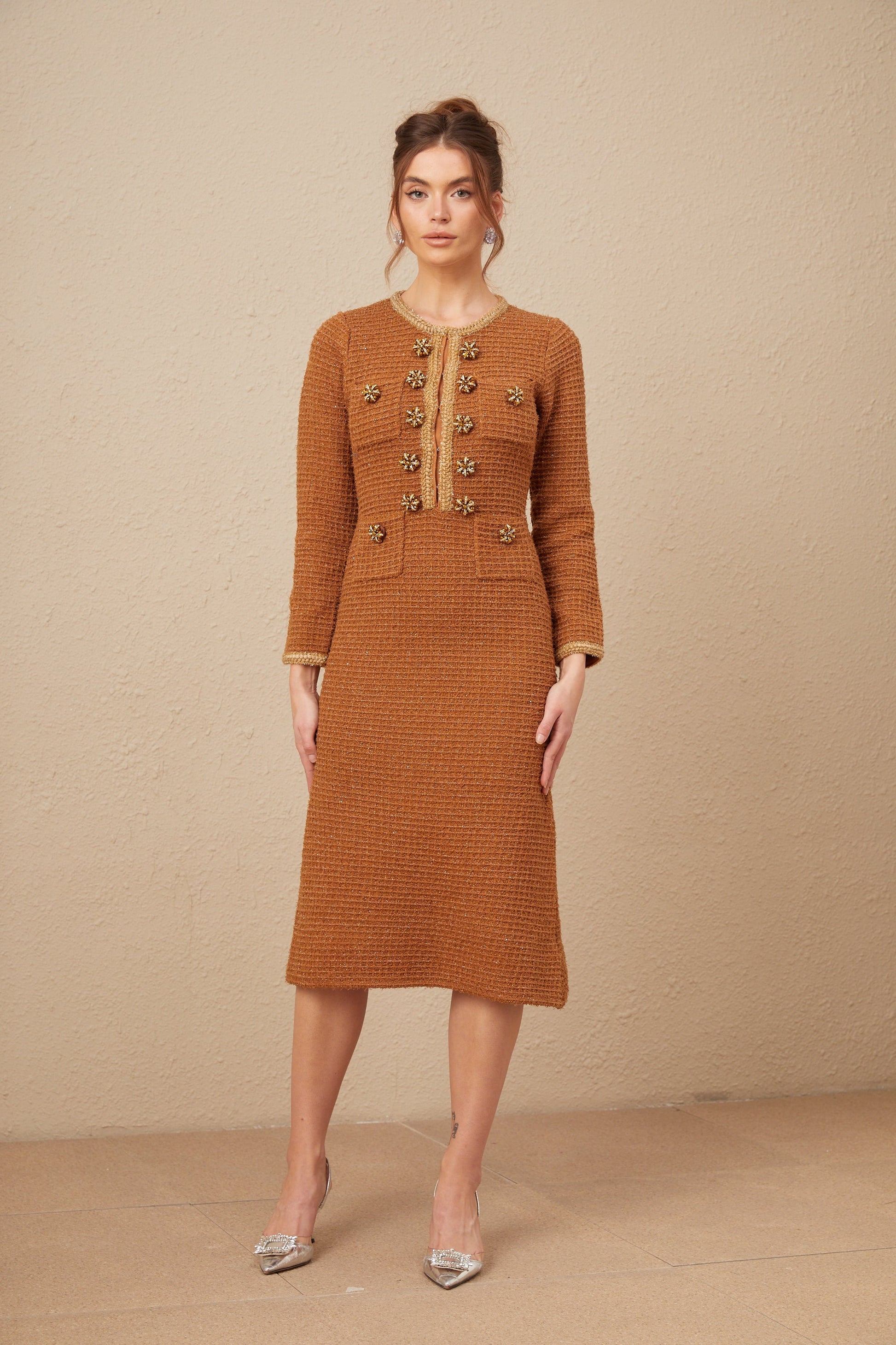 Kahverengi Örgü Kenarlı Tweed Elbise