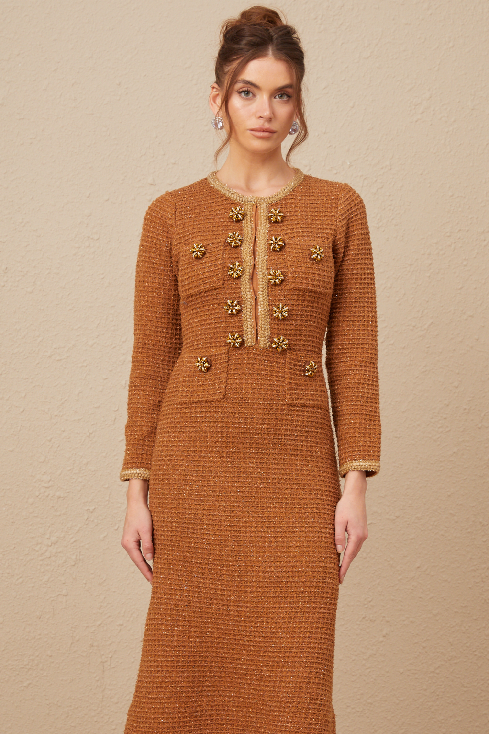 Kahverengi Örgü Kenarlı Tweed Elbise