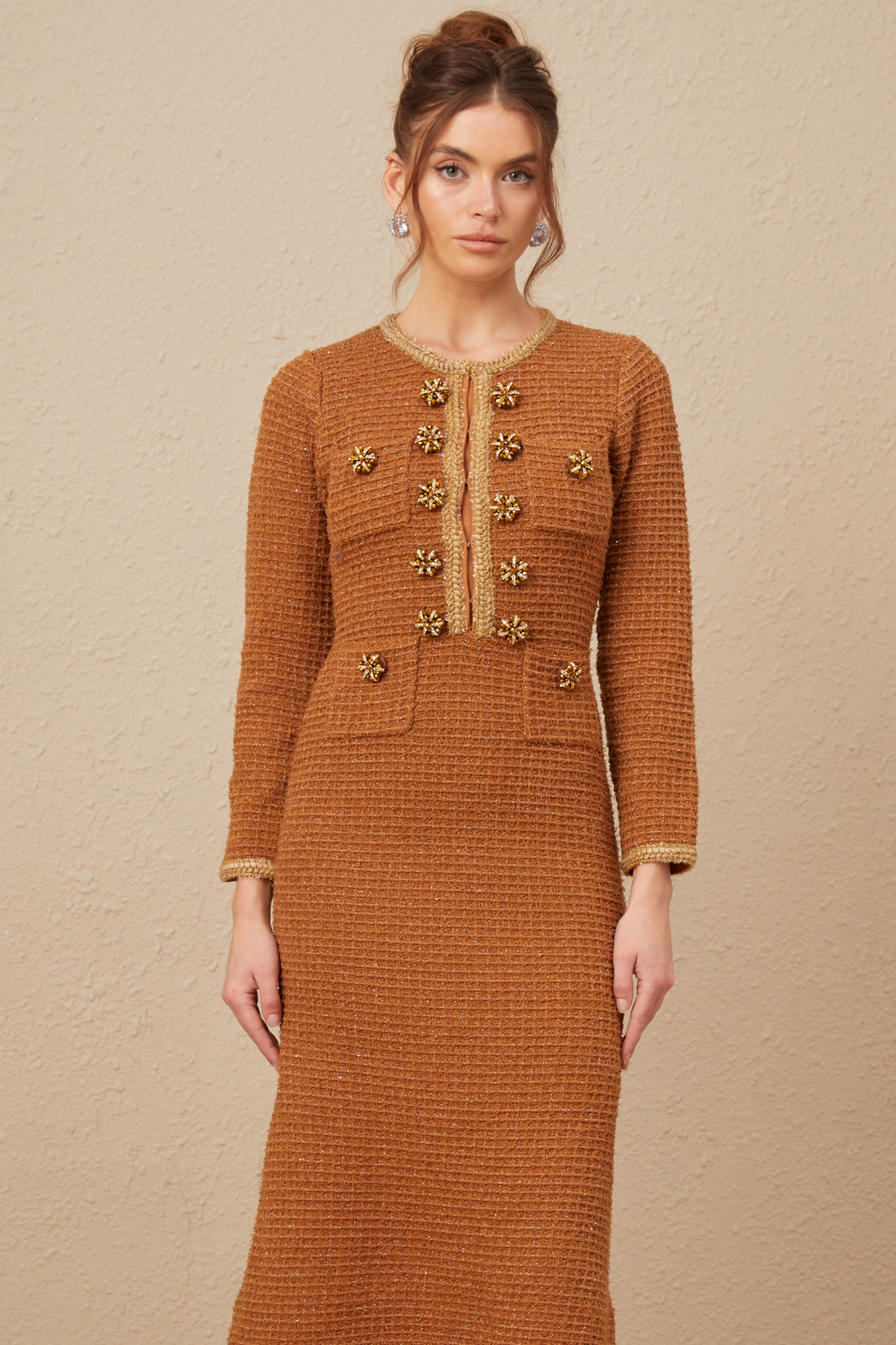 Kahverengi Örgü Kenarlı Tweed Elbise