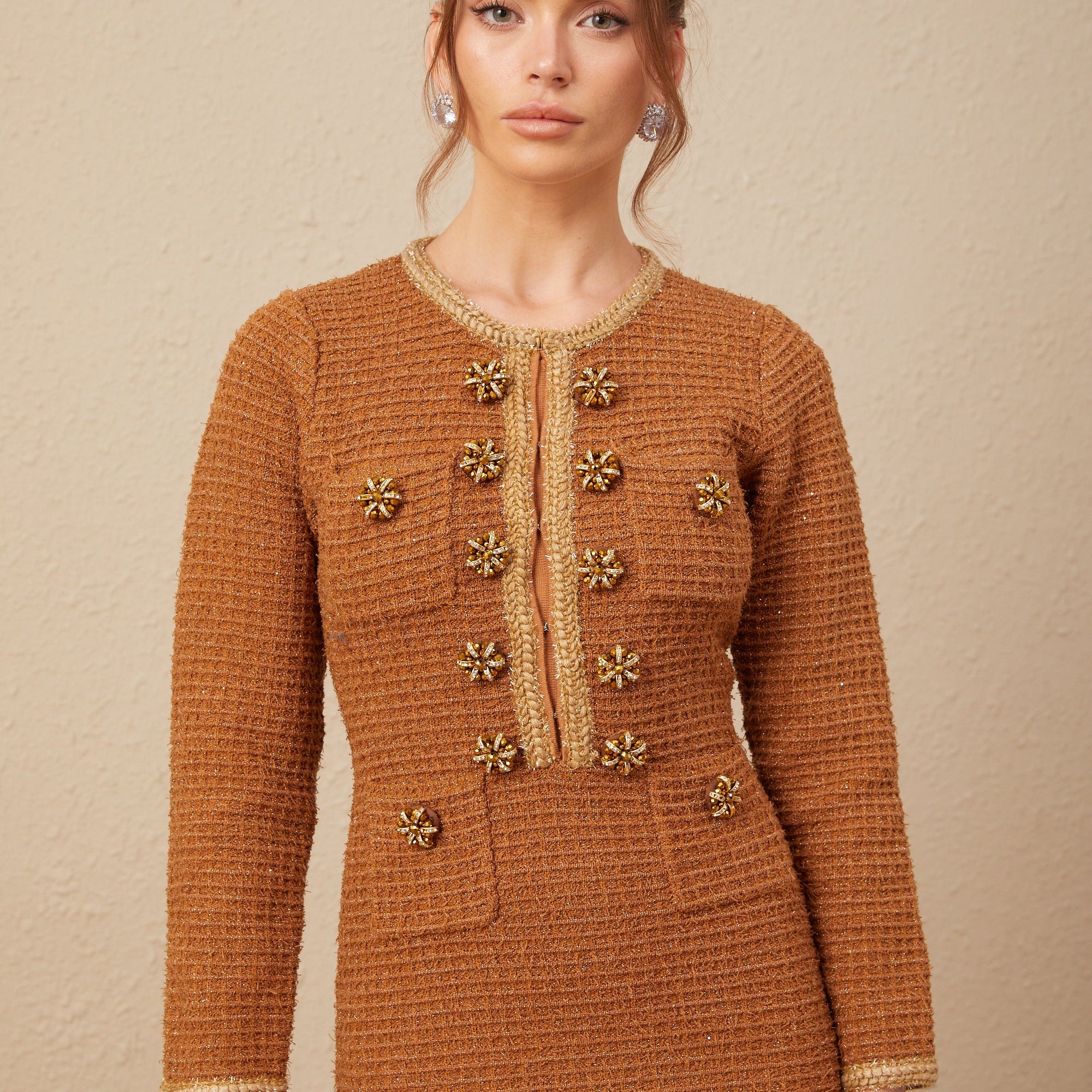 Kahverengi Örgü Kenarlı Tweed Elbise