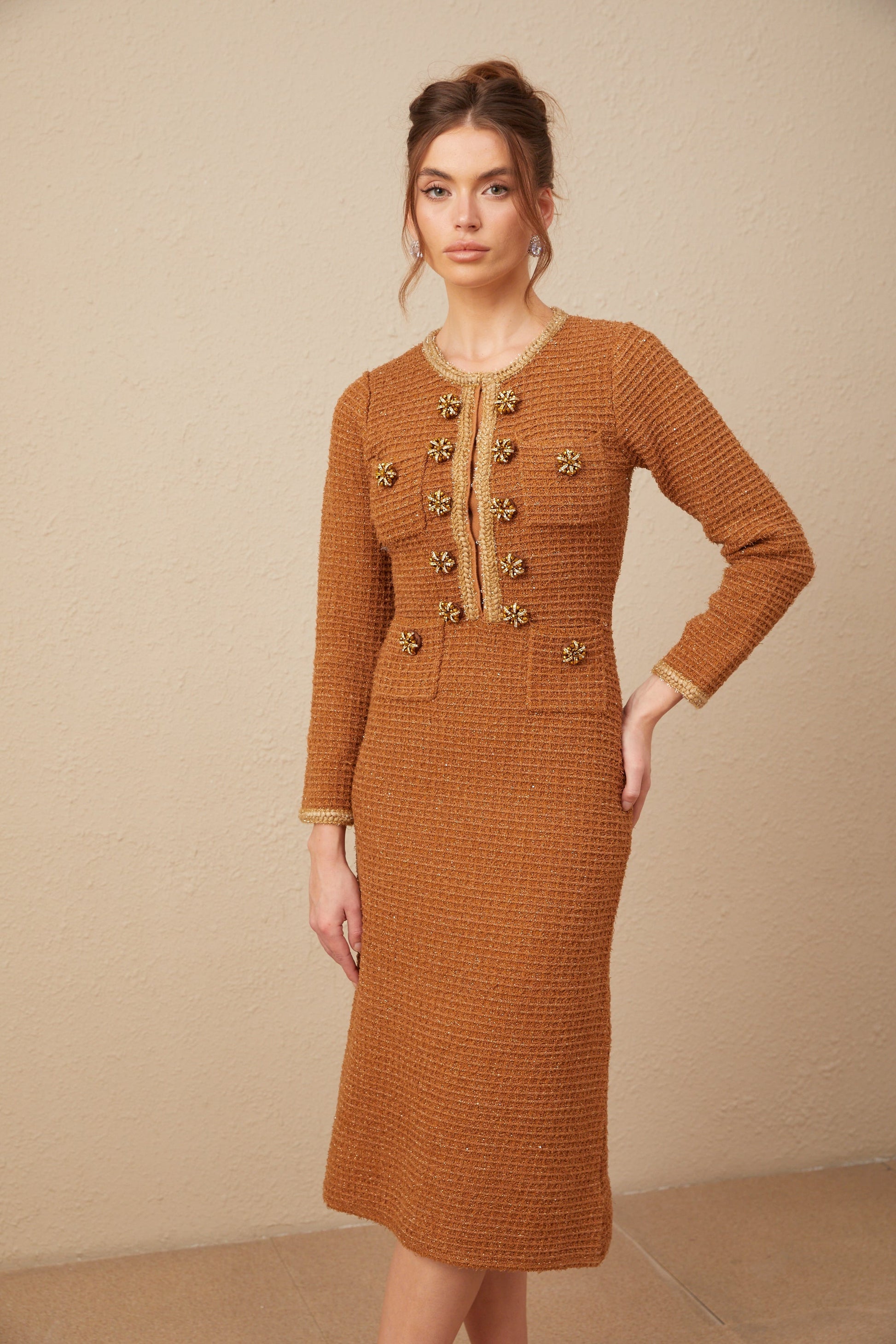 Kahverengi Örgü Kenarlı Tweed Elbise