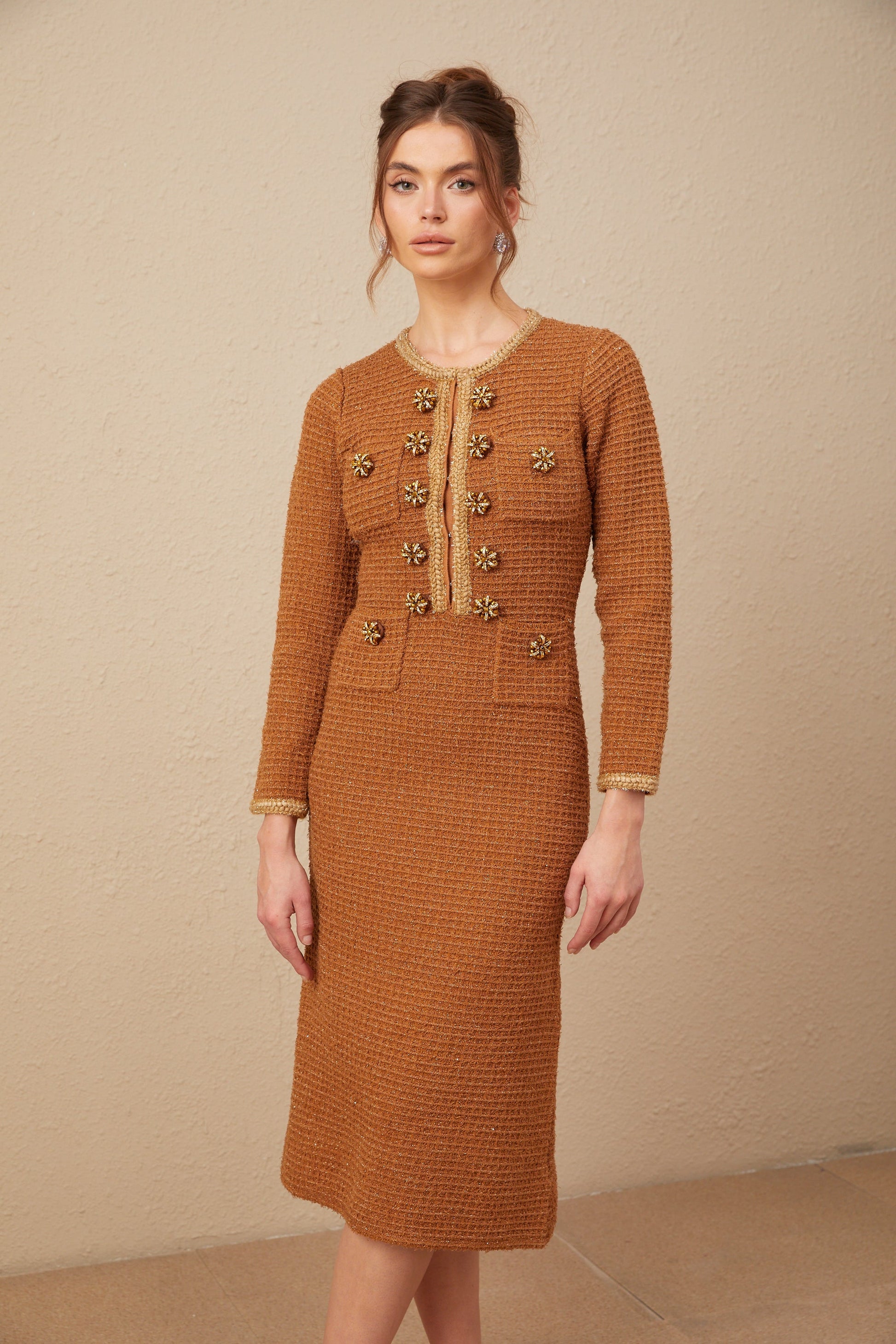 Kahverengi Örgü Kenarlı Tweed Elbise