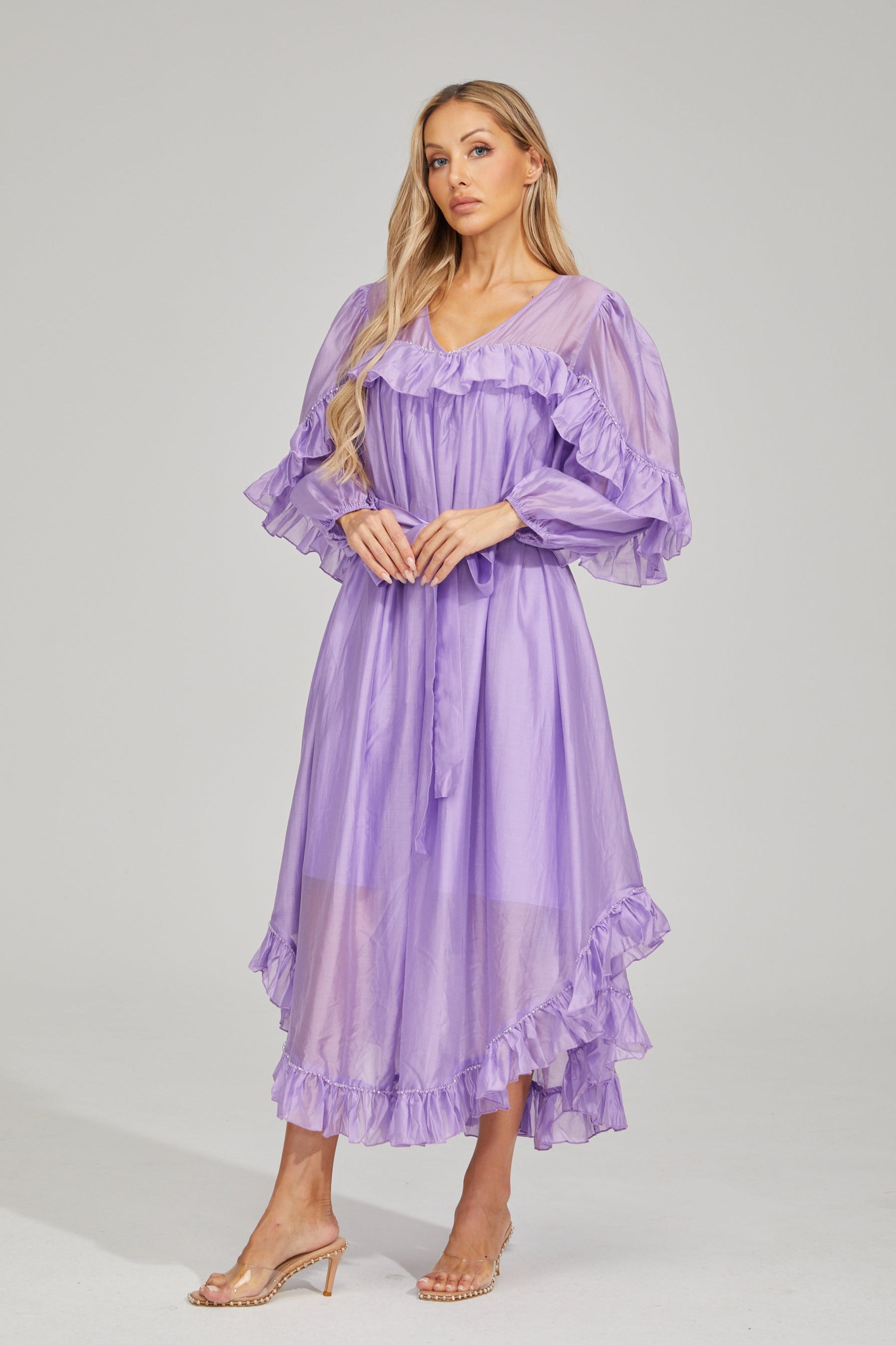 Lavanta Volan Detaylı Maxi Elbise