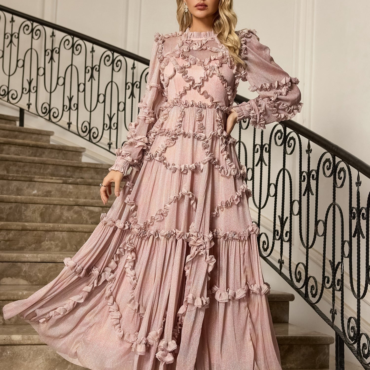 Pembe Uzun Kollu Maxi Elbise