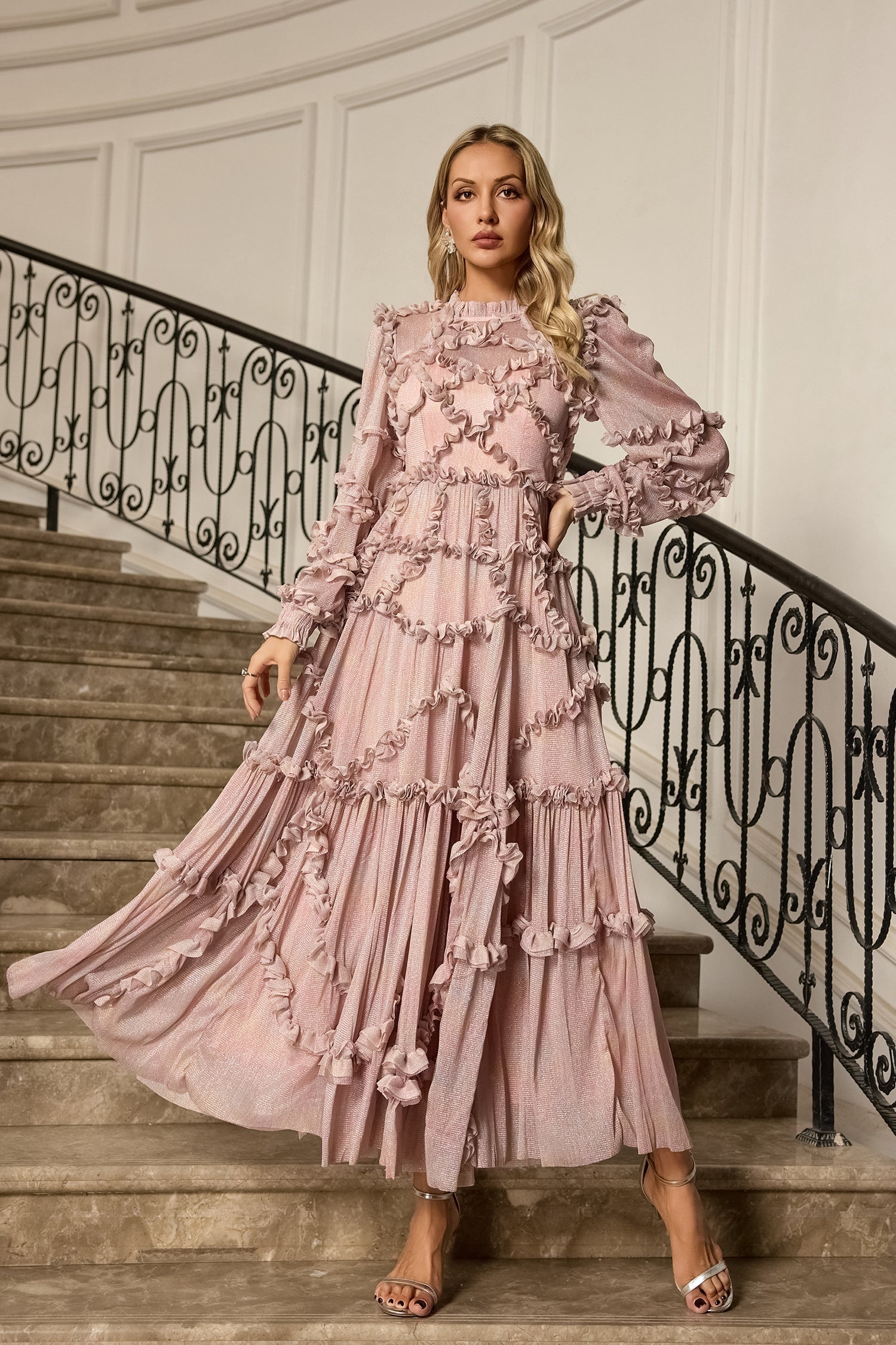Pembe Uzun Kollu Maxi Elbise