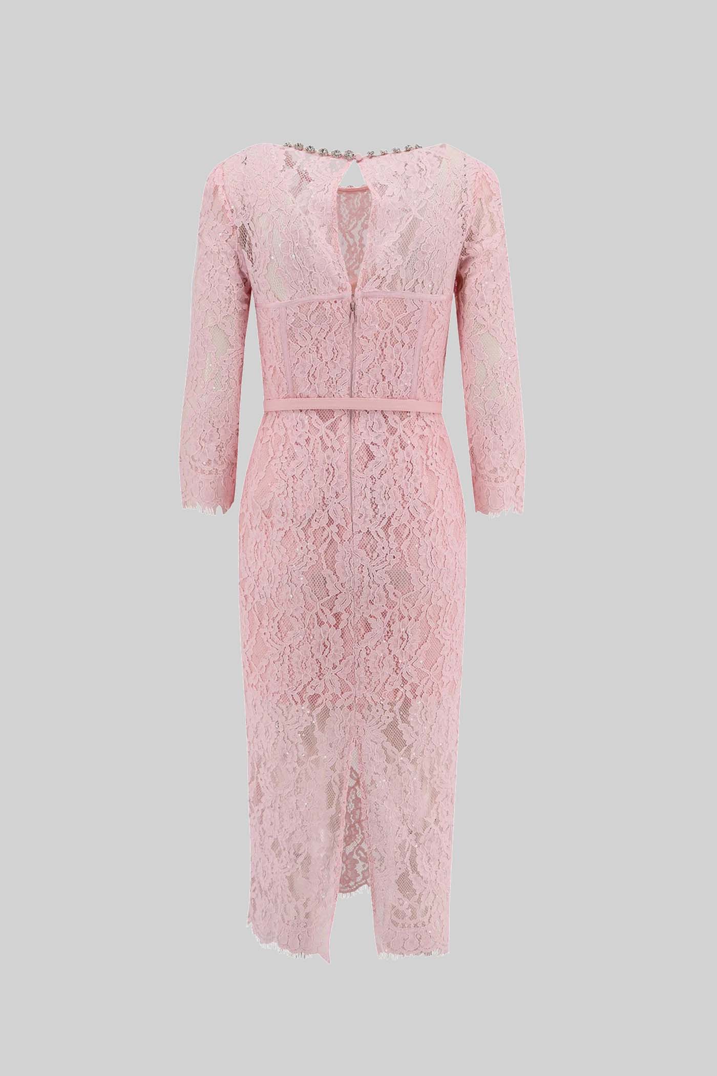 Pembe Uzun Kollu Dantel Elbise