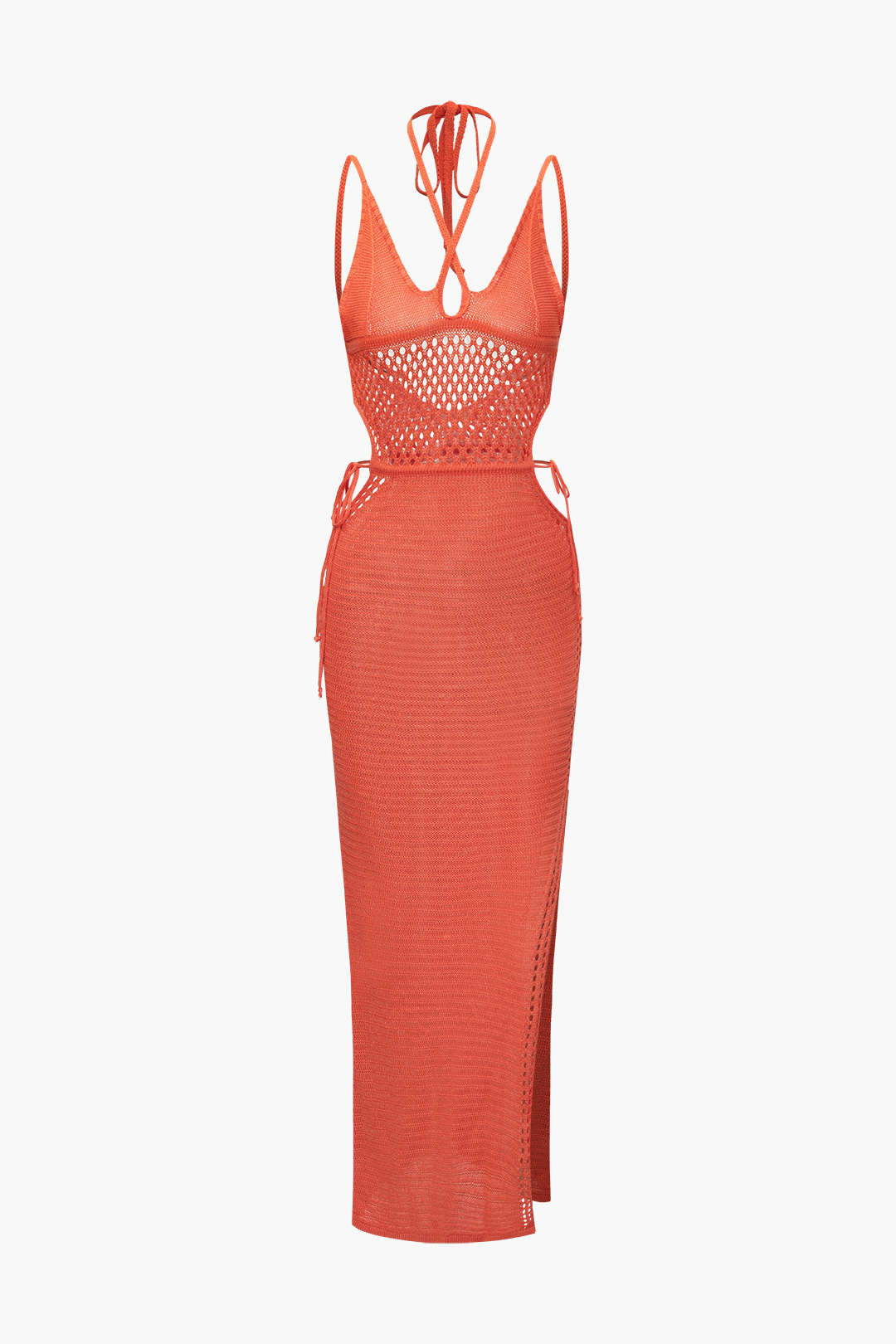 Kenar Kesimi Açık Örgü Sırt Dekolteli Halter Maxi Elbise