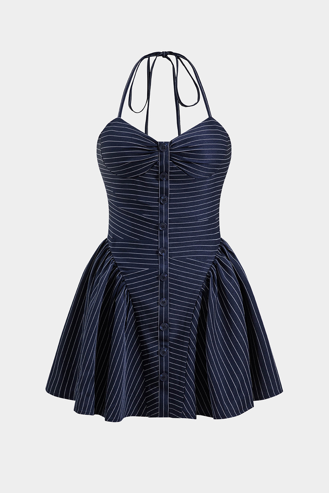 Stripes Button Halter Neck Backless Mini Elbise