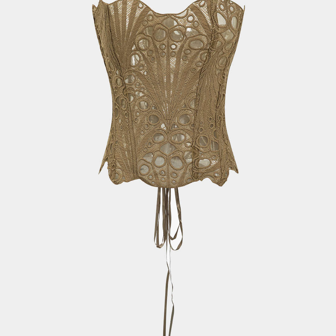 Ağ Mesh Dantel Arkadan Bağlamalı Crop Top