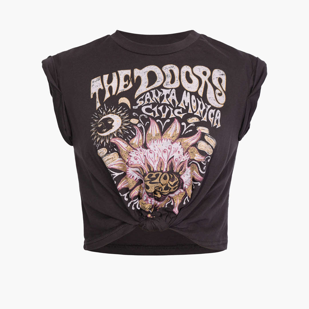 Çiçek Desenli Kenar Düğümlü Kısa Kol T-Shirt