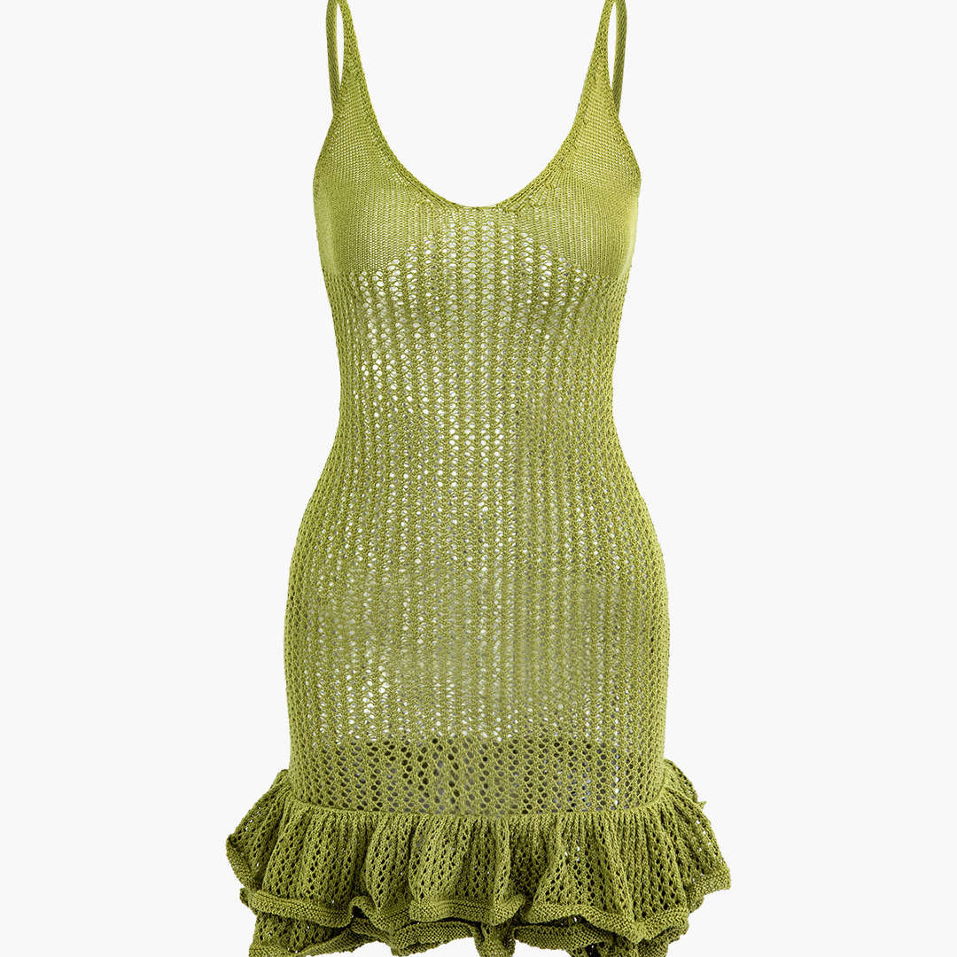 Açık Dikiş Ruffle Kenar Mini Elbise