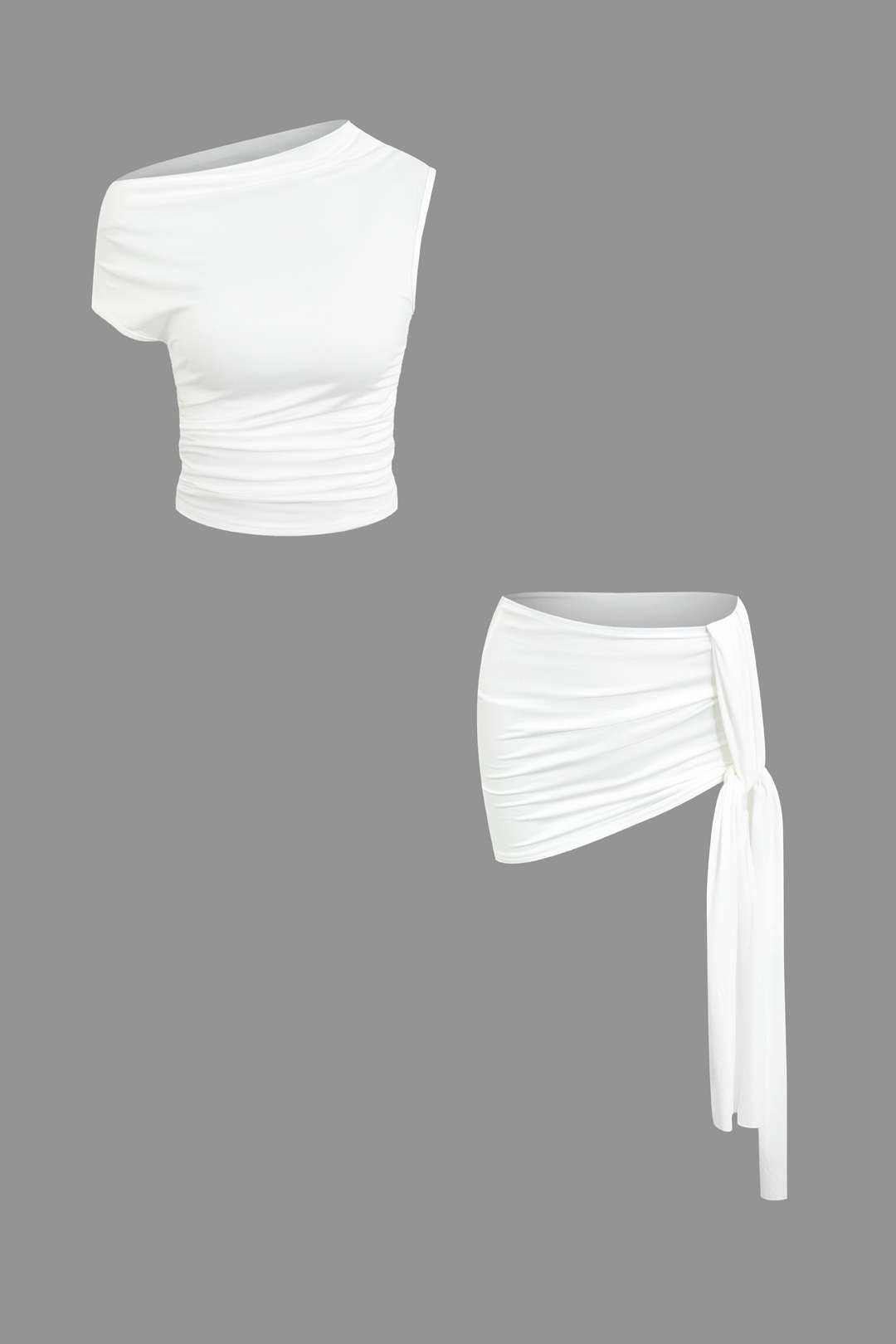 Basic Asimetrik Yırtmaçlı Crop Top Ve Bağlamalı Mini Etek Seti