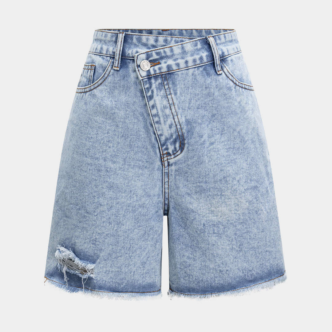 Denim Yüksek Bel Yırtık Şort
