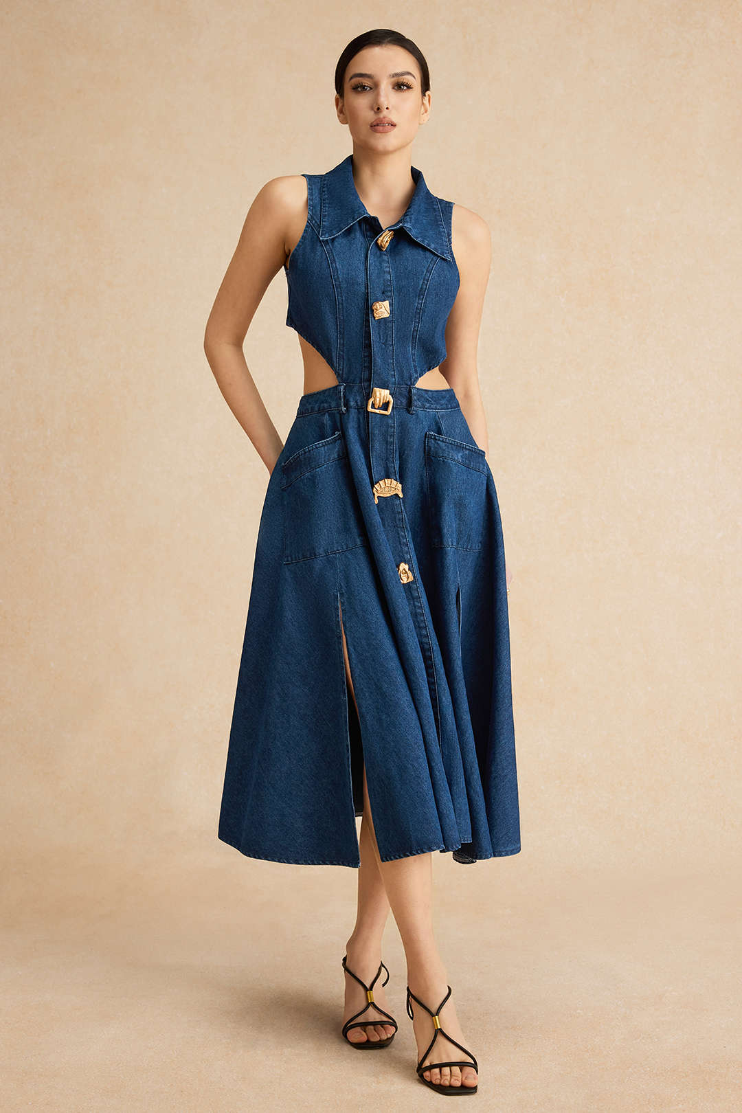 Denim Düğme Kesik Elbise