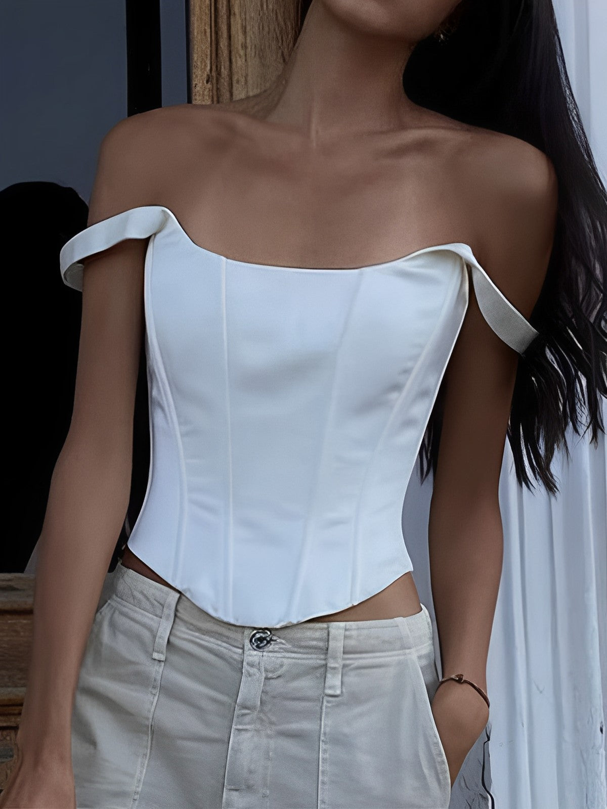 Fildişi Parıltılı Bağcıklı Korse Üst