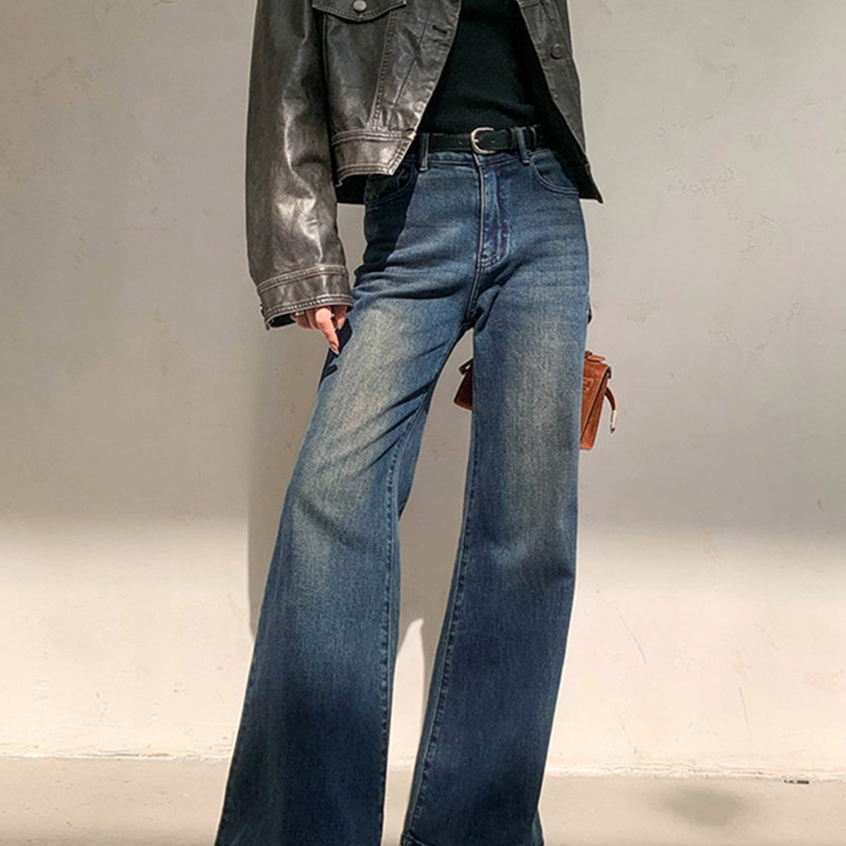 Vintage Düşük Bel Yıkanmış Geniş Paça Kot Pantolon