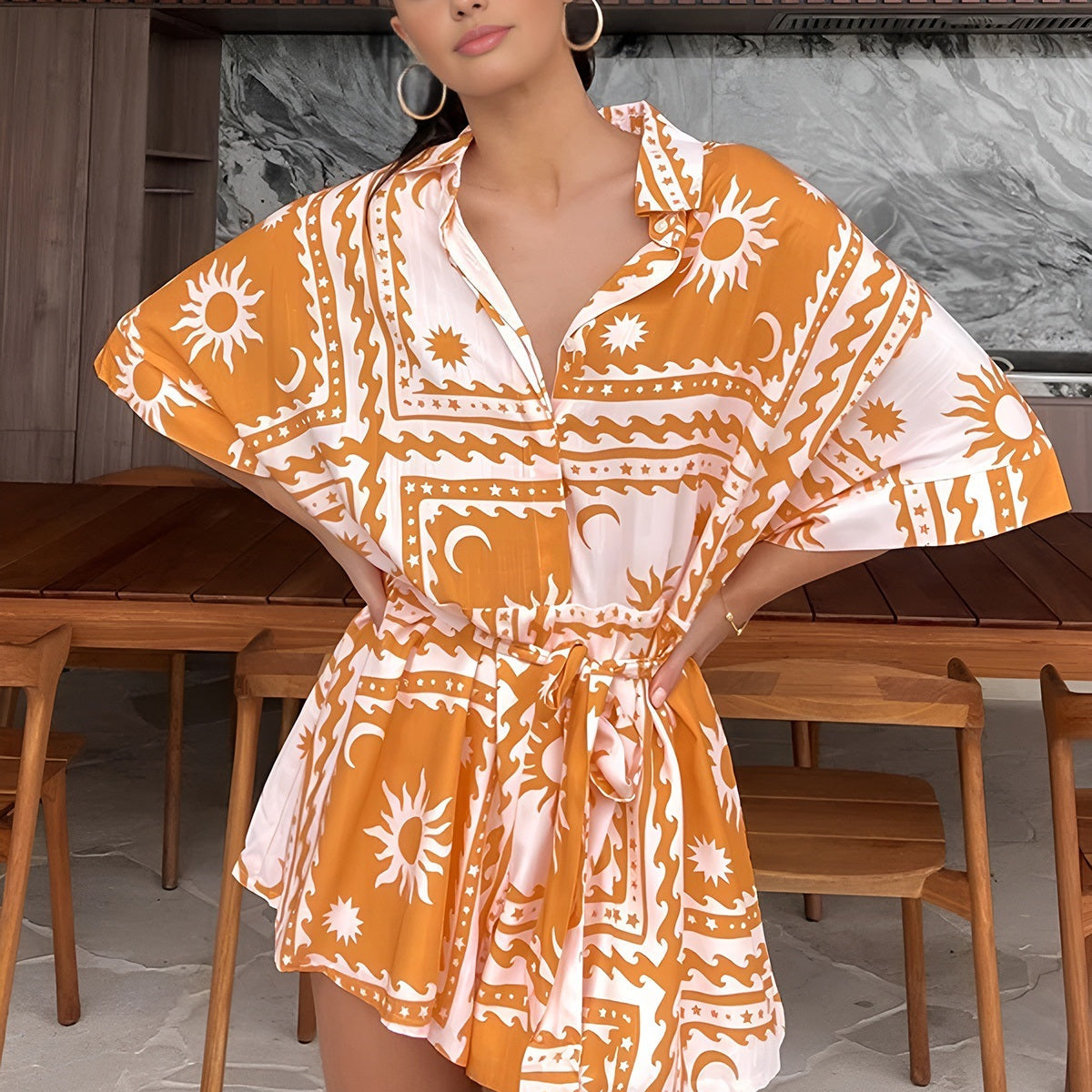 Boho Güneş Ve Ay Desenli Kısa Tulum