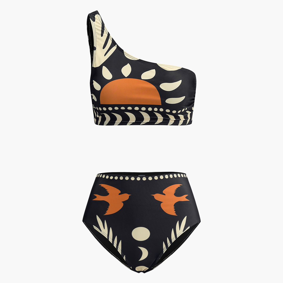 Kuş Desenli Asimetrik Yaka Bikini Takımı