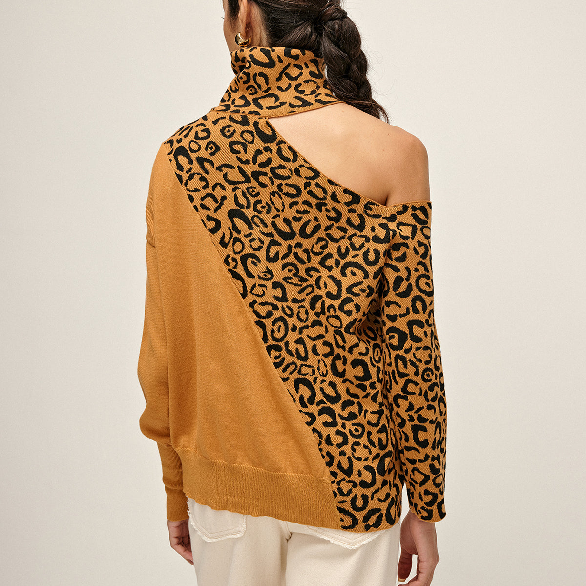 Balıkçı Yaka Kesik Leopar Patchwork Örgü Üst