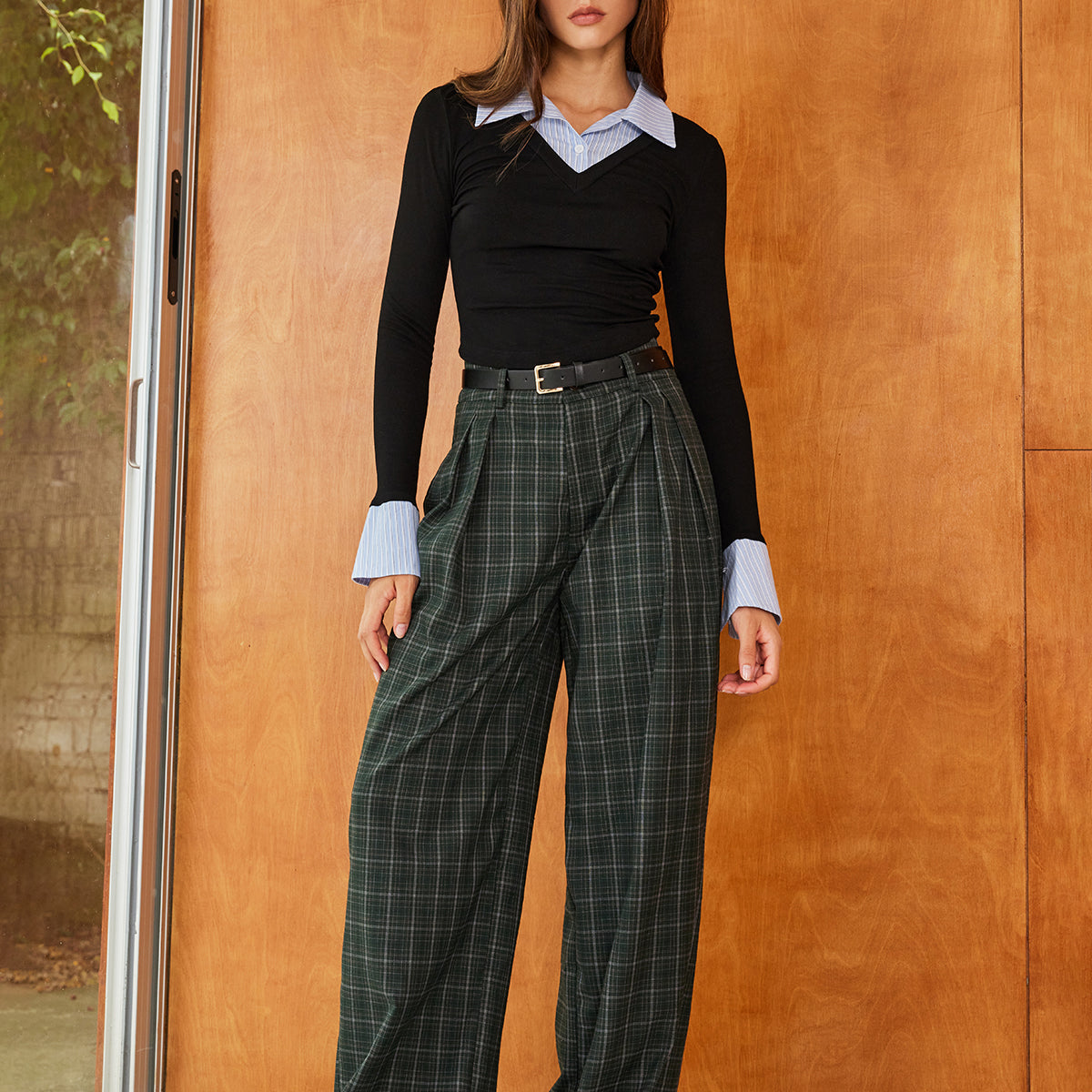 Vintage Ekose Kemerli Geniş Paça Pantolon
