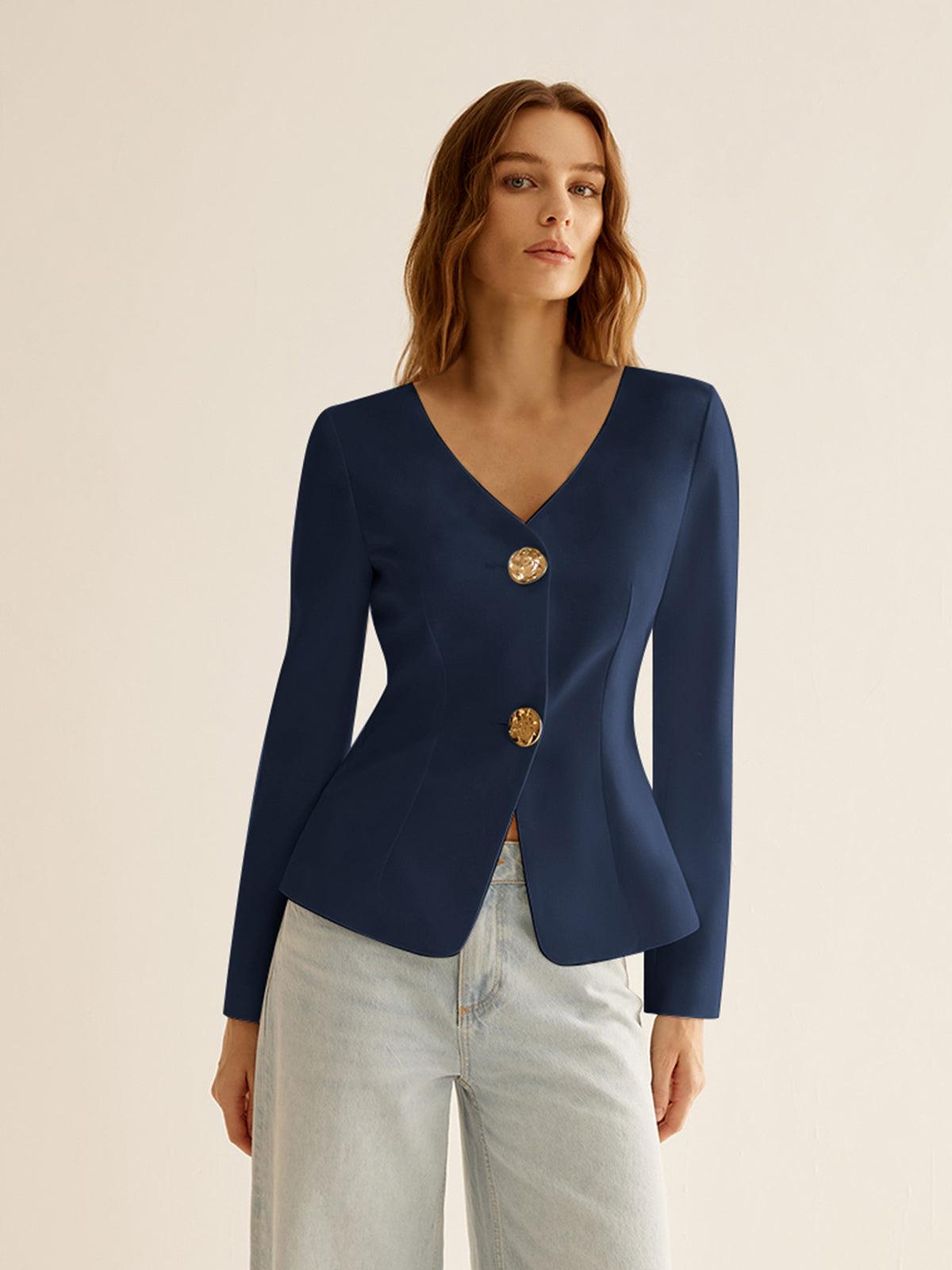 Ekru Altın Düğme Detaylı Modern Blazer CeketEkru Altın Düğme Detaylı Modern Blazer Ceket
