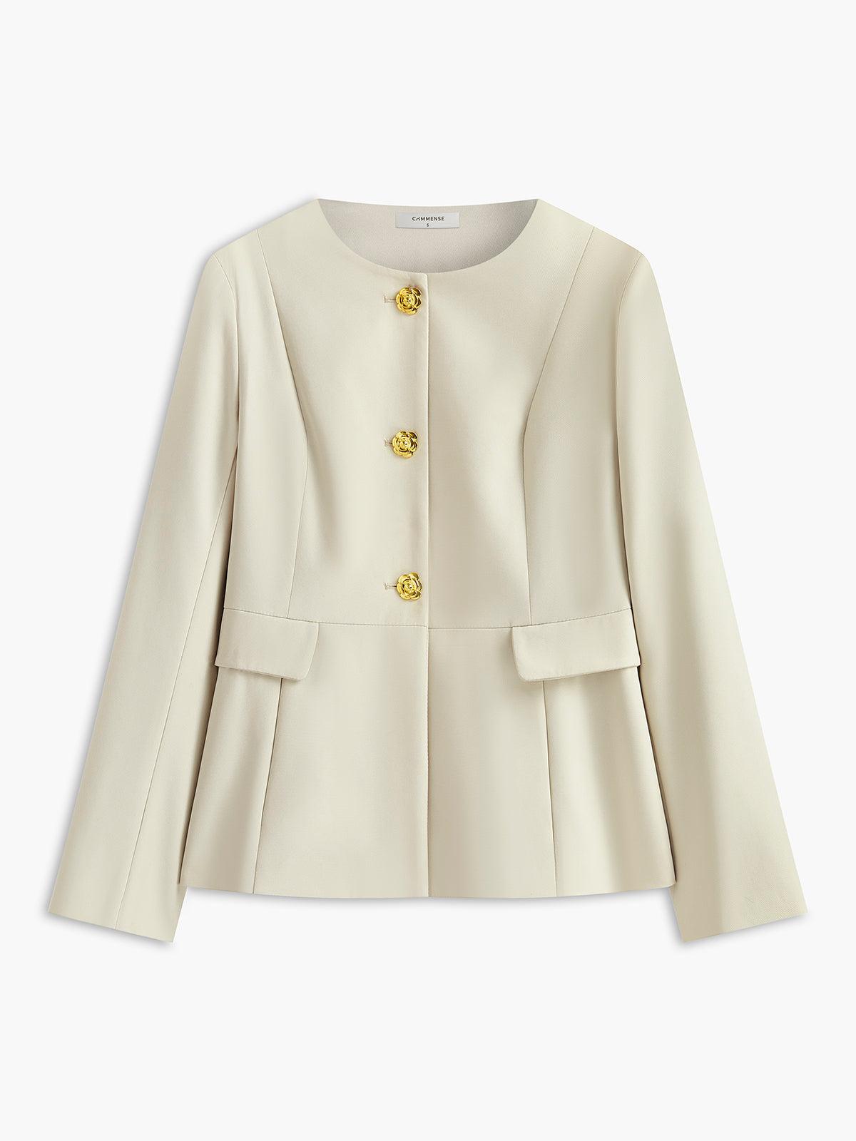Altın Gül Düğme Detaylı Krem Renk Blazer Ceket