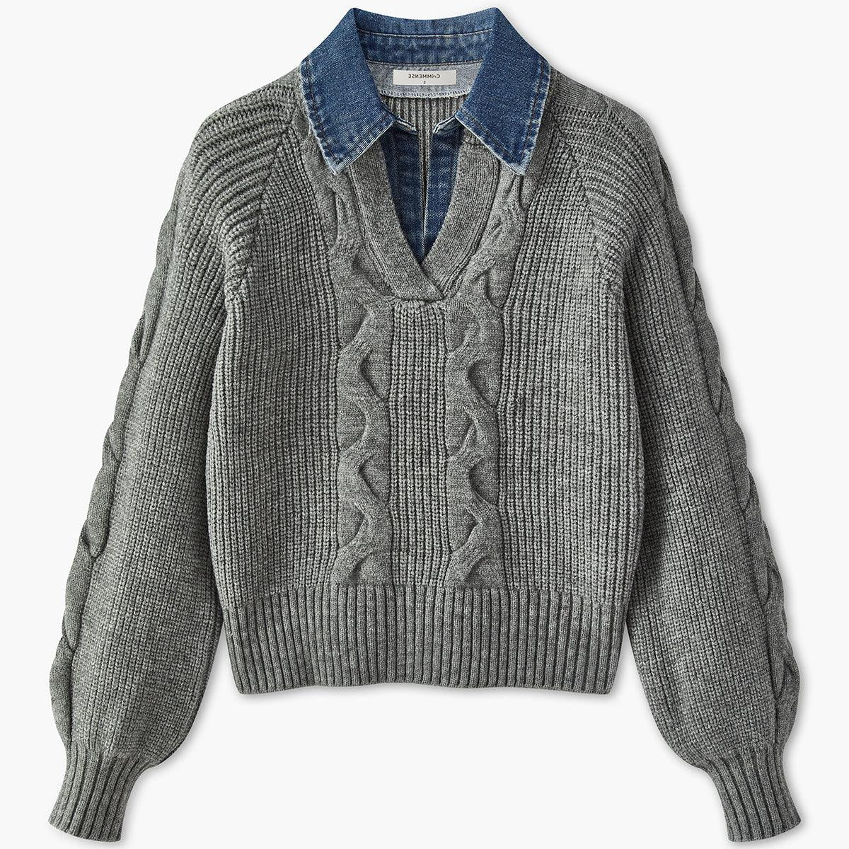 Denim Yakalı Örgü Detaylı Gri Kazak