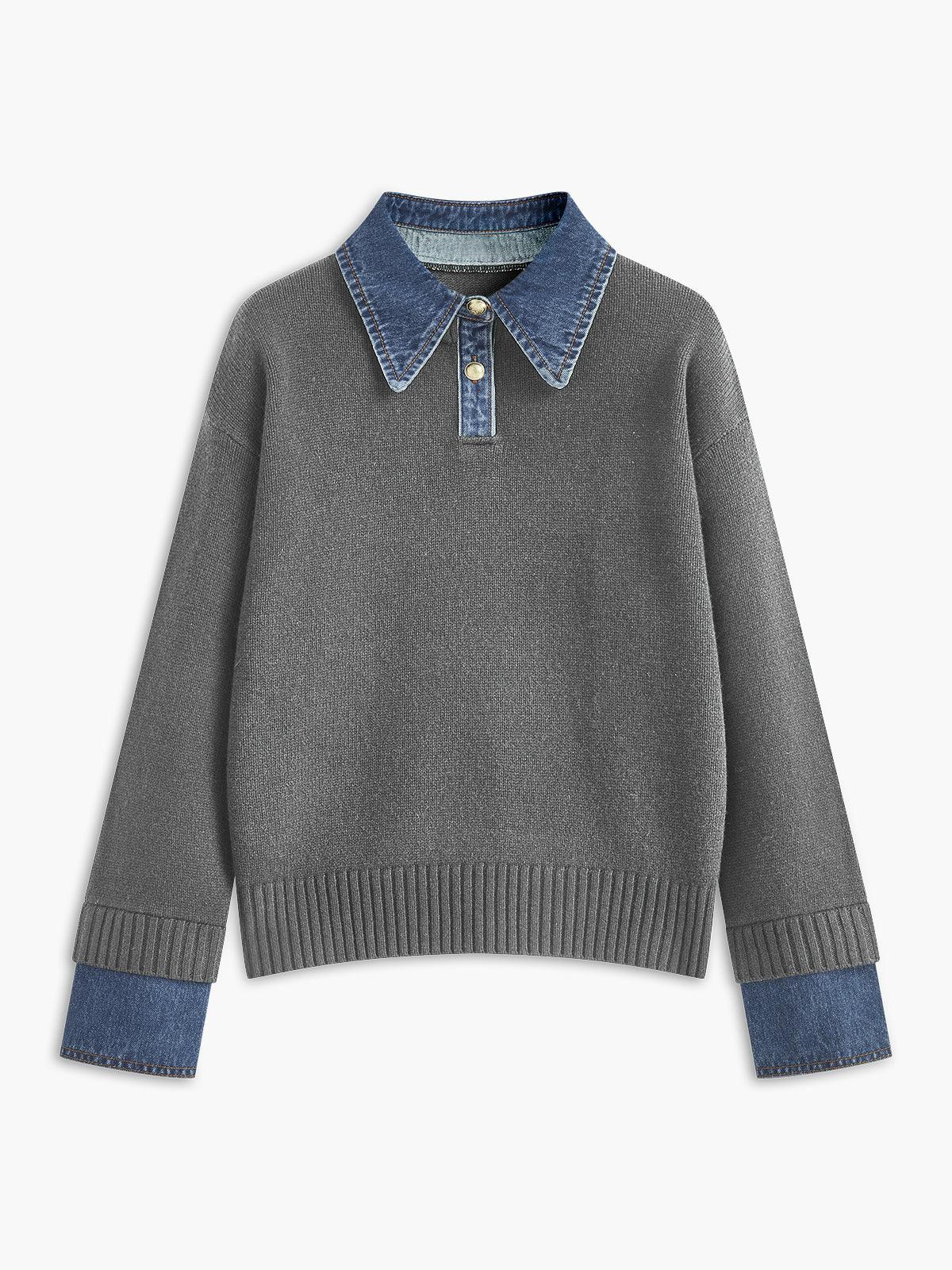 Denim Detaylı Triko Kazak
