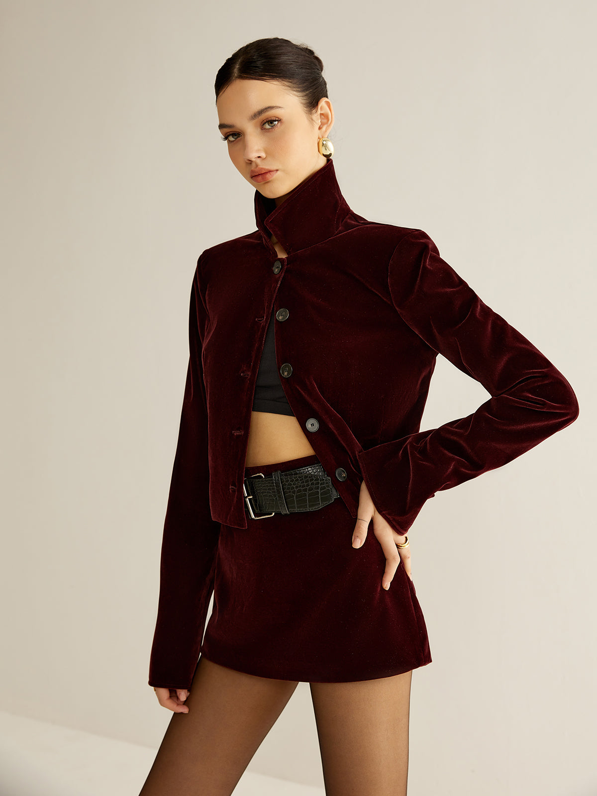 Kadife Yaka Kısa Blazer Etek Set