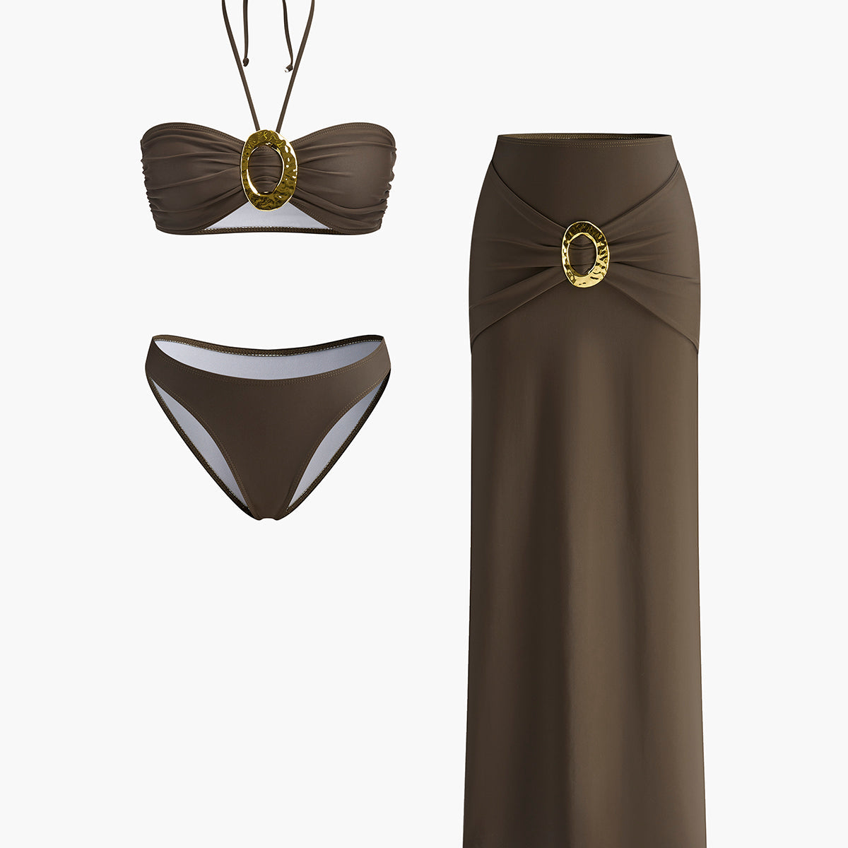 Drapeli Etekli Oval Halka Detaylı Bandeau Bikini Takımı