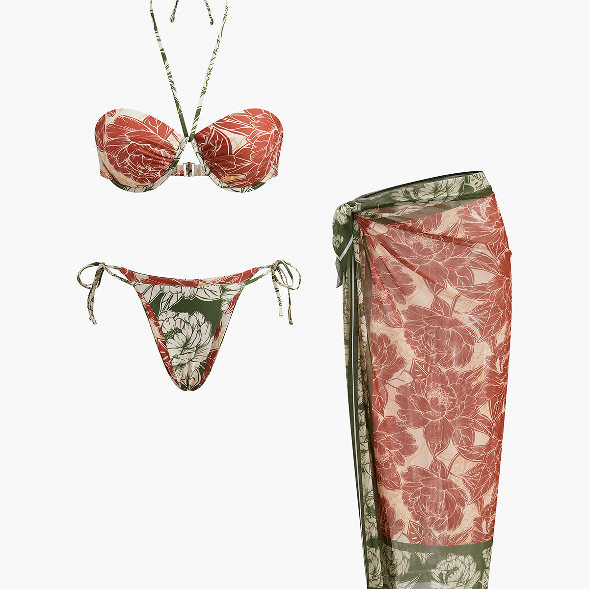 Bağcıklı Yan Etekli Çiçekli Bikini Takımı