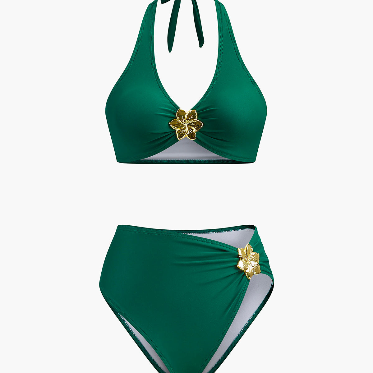 Metal Çiçek Detaylı Boyundan Bağlamalı Bikini Takımı