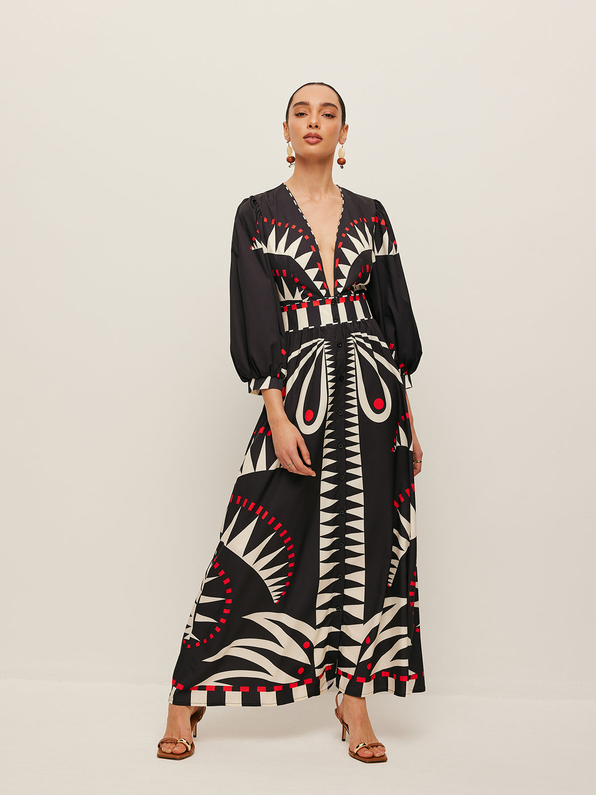 Boho Desenli V Yakalı Yırtık Elbise