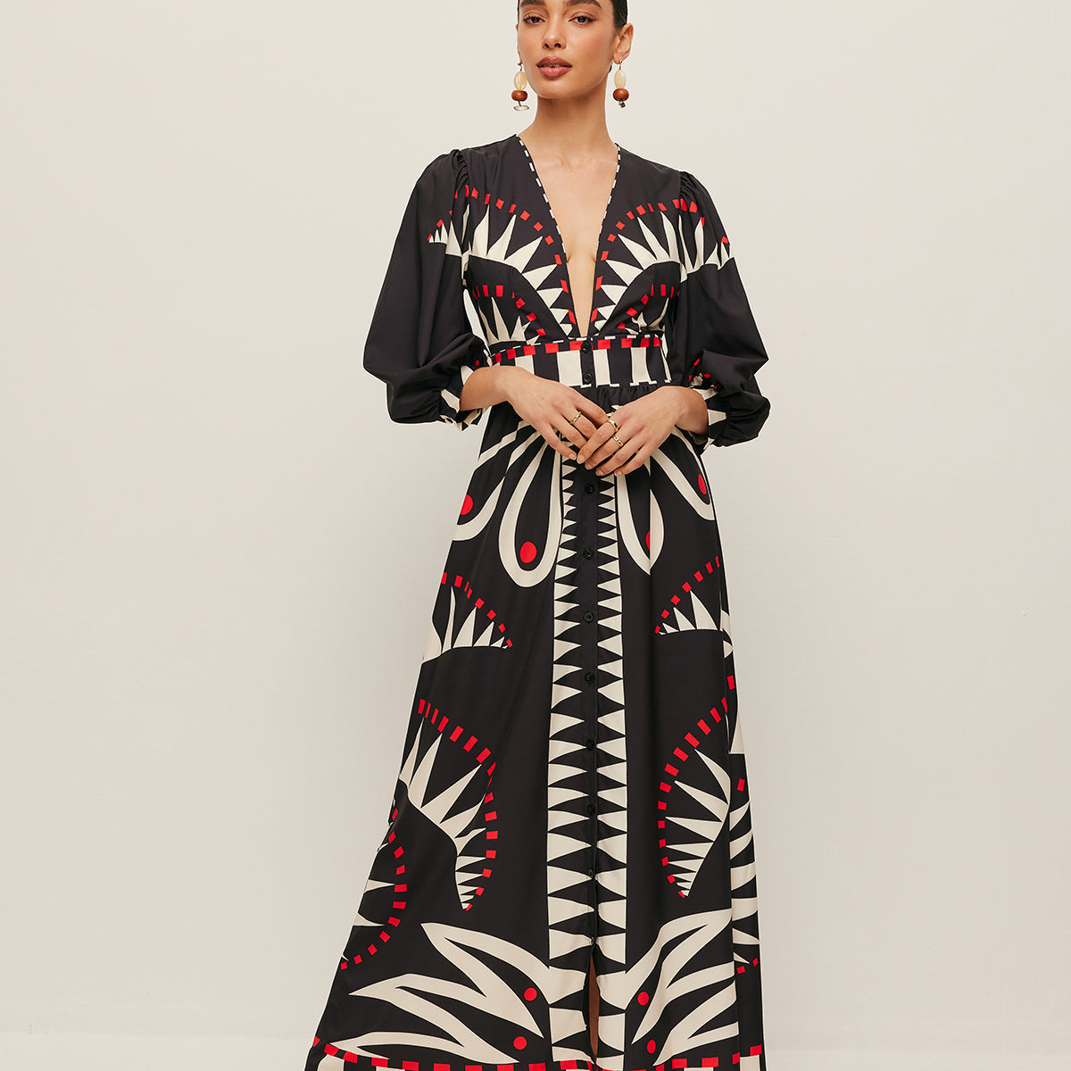 Boho Desenli V Yakalı Yırtık Elbise