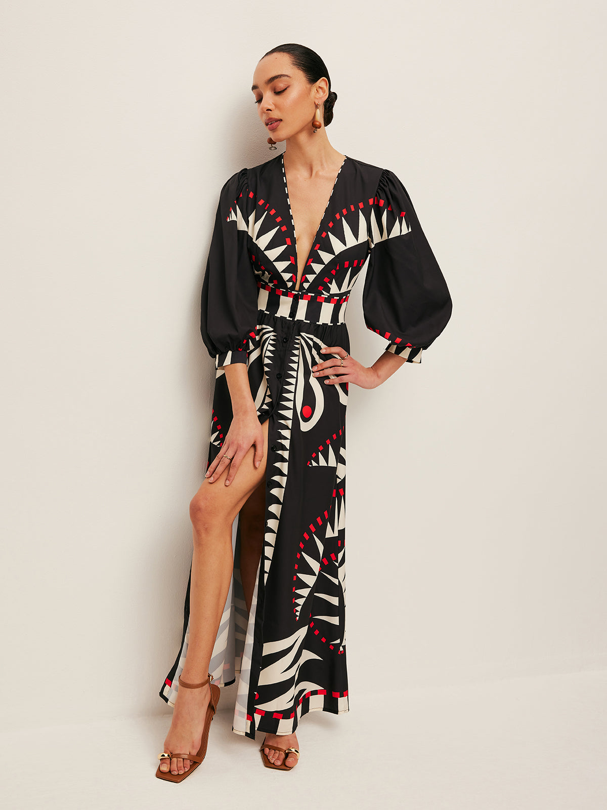 Boho Desenli V Yakalı Yırtık Elbise