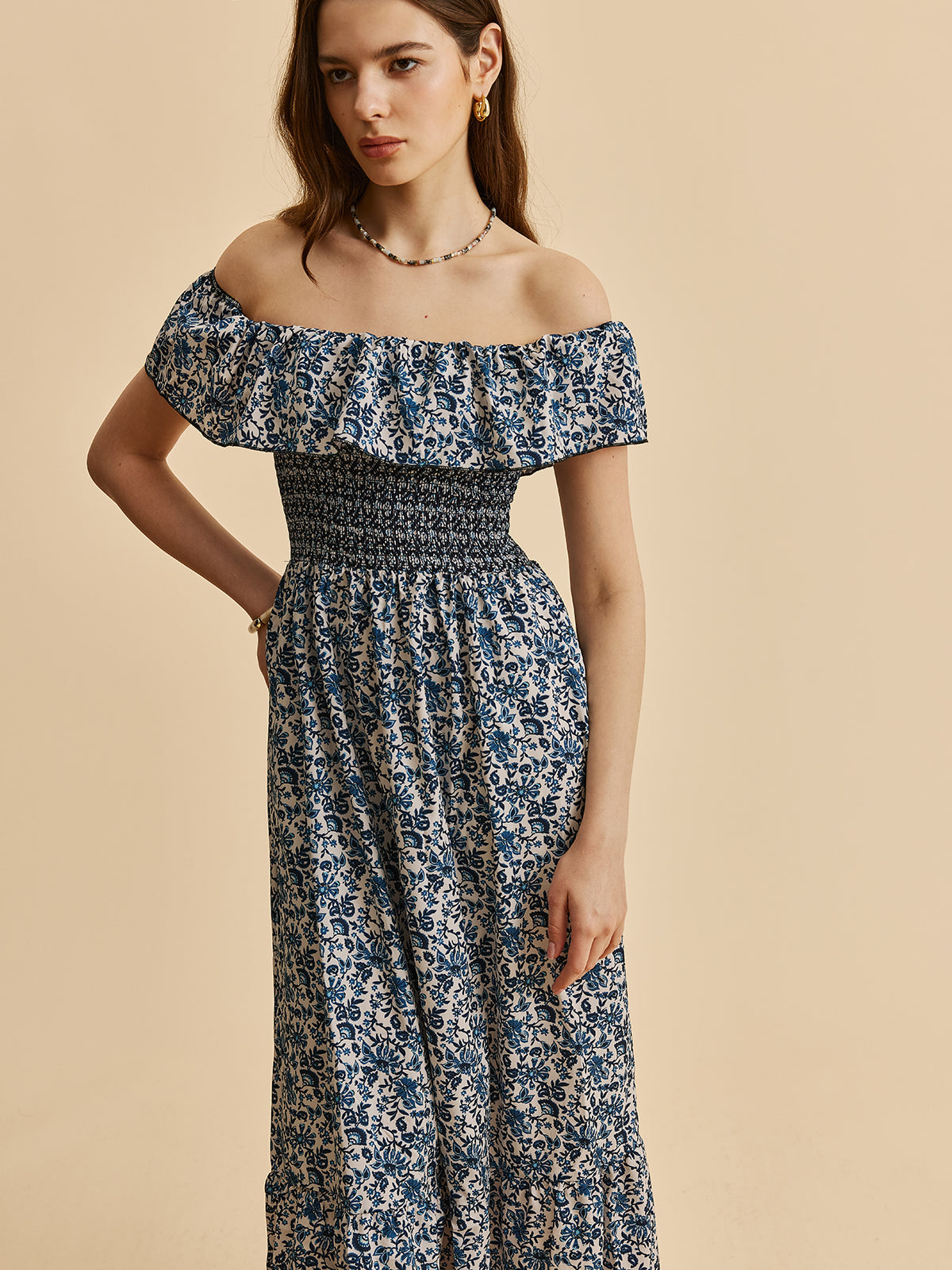 Boho Yakalı Omuzdan Bağlamalı Çiçekli Elbise