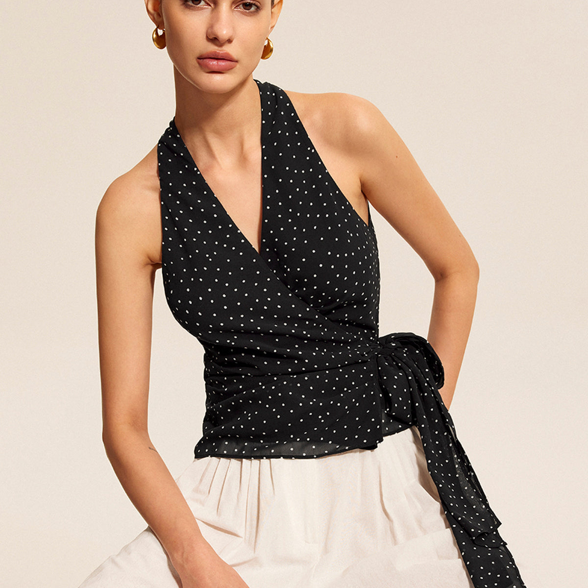 Polka Dot Wrap Tie Halter Top