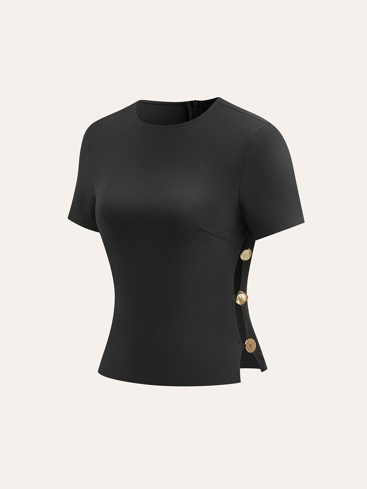 Yanı Kesik Metal Detaylı Fermuarlı T-Shirt