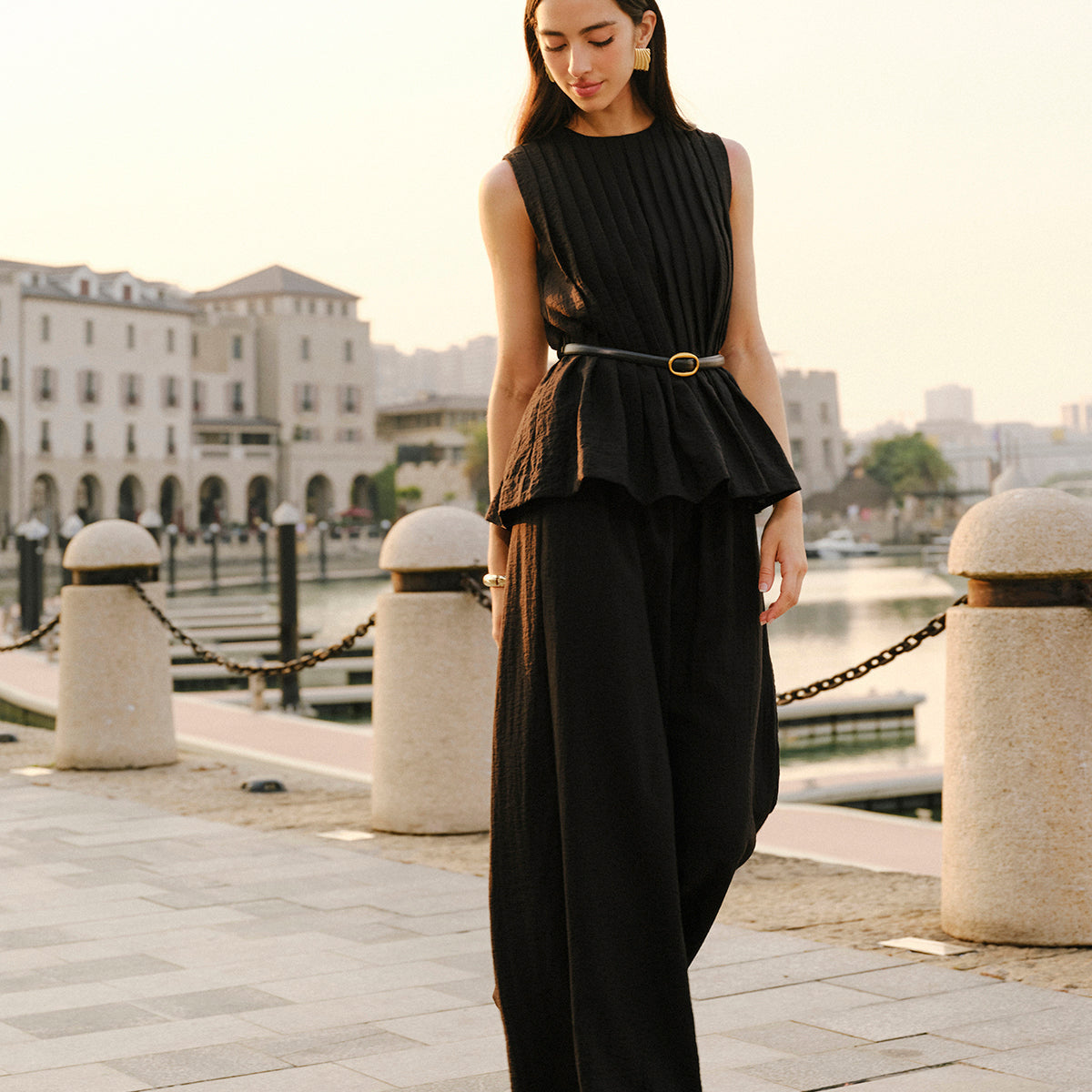Peplum Üst Geniş Paça Pantolon Takımı Kemerli