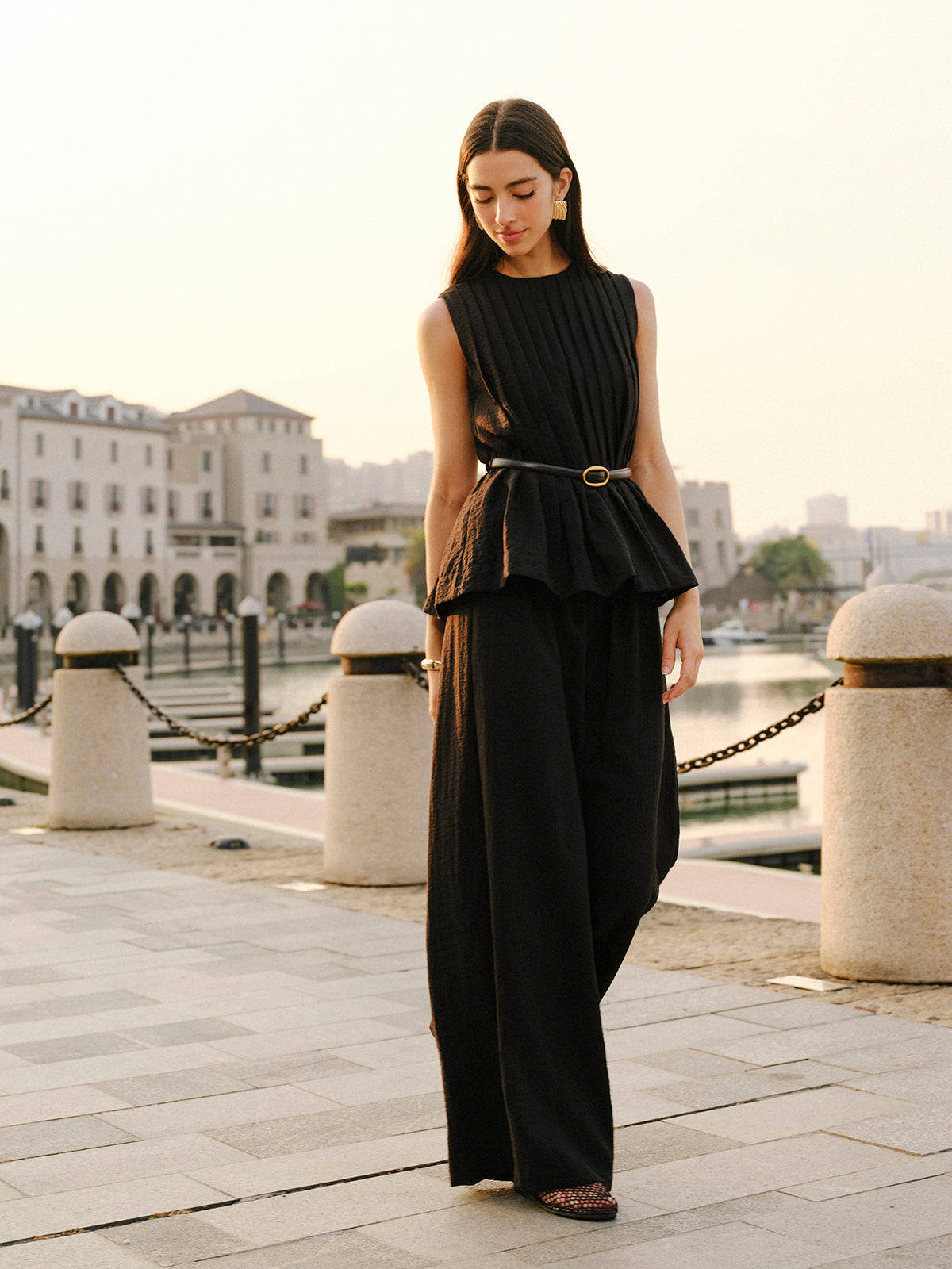 Peplum Üst Geniş Paça Pantolon Takımı Kemerli