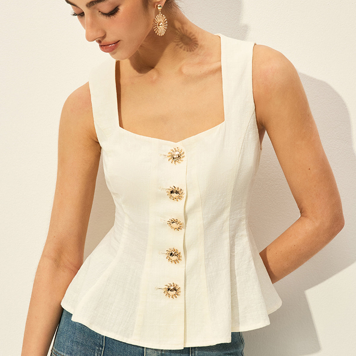 Kare Yakalı Önü Düğmeli Peplum Üst