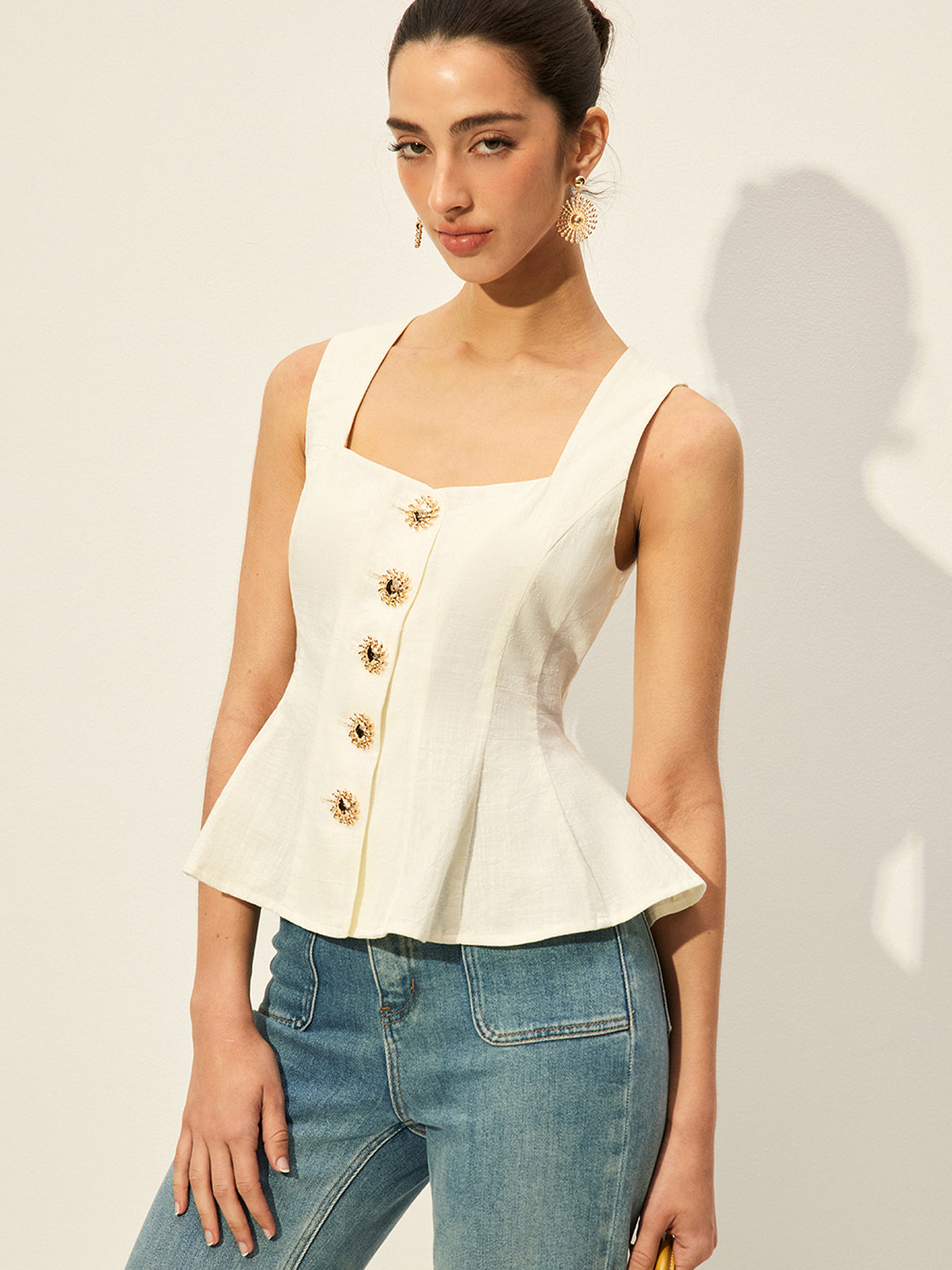 Kare Yakalı Önü Düğmeli Peplum Üst