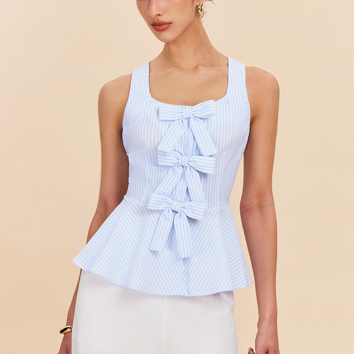 Fiyonk Detaylı Çizgili Peplum Üst
