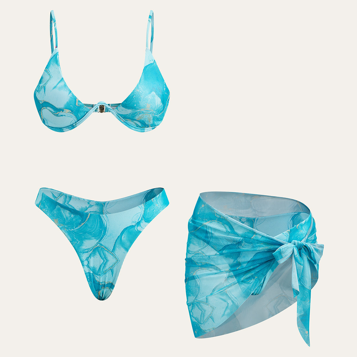 Mermer Desenli Bikini Takımı Ve Etekli