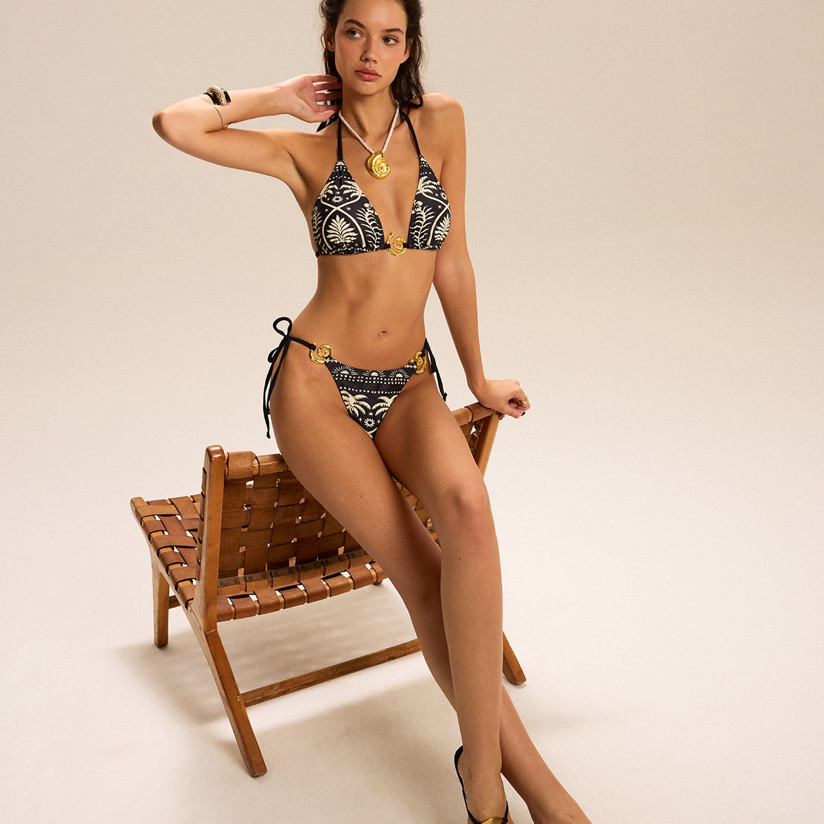 Altın Detaylı Halkalı Baskılı Bikini Takımı